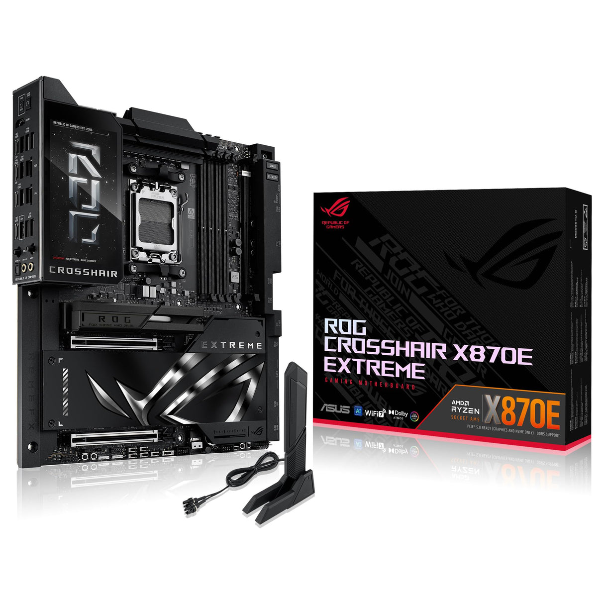 ASUS ROG Crosshair X870E Extreme - Placa Base AMD E-ATX, 20+2+2 etapas de Potencia, DDR5, PCIe 5.0 Compatible con GPU de próxima generación, Cinco M.2, Wi-Fi 7, ASUS AI Advisor, LCD de 5 Pulgadas