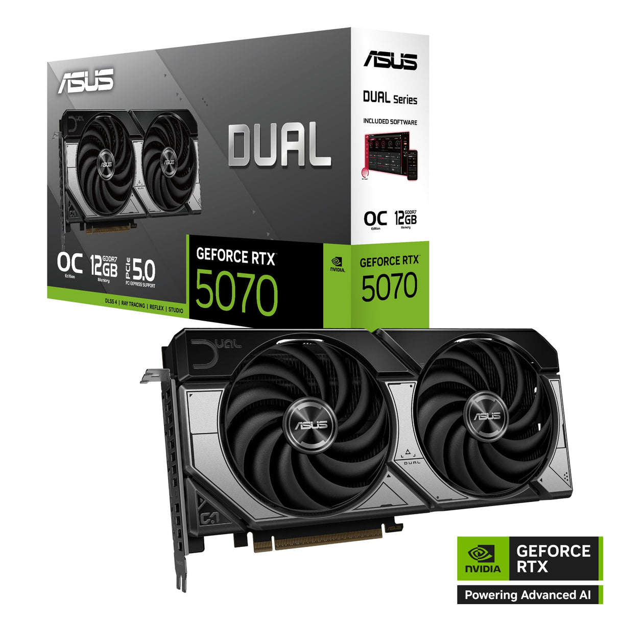 ASUS Dual GeForce RTX 5070 12 GB GDDR7 OC Edition Tarjeta gráfica (PCIe 5.0, DLSS 4, HDMI 2.1b, DisplayPort 2.1b, diseño Compacto con Doble Ventilador, Ventilador Axial-Tech, tecnología 0dB)