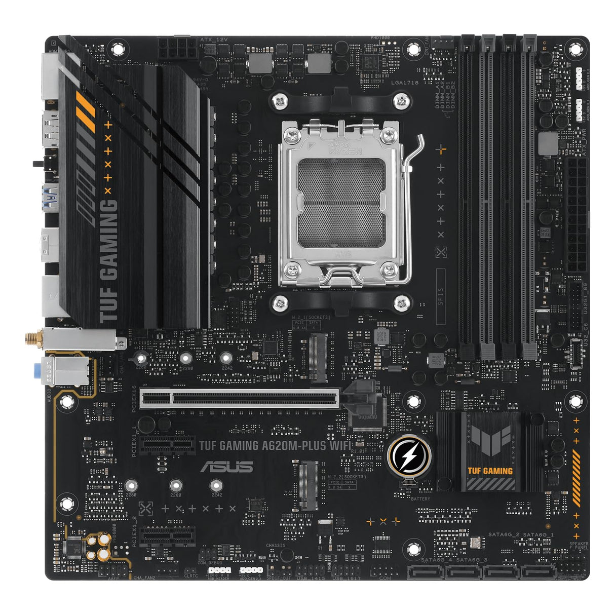 ASUS TUF Gaming A620M-PLUS WiFi Placa Base Micro-ATX AMD A620 (2.5Gb Ethernet, Wi-Fi 6, 2 x DP, HDMI, USB 3.2 Gen 1, USB 3.2 Gen 1 Type-C, BIOS Flashback, cancelación de Ruido, Aura Sync), Negro
