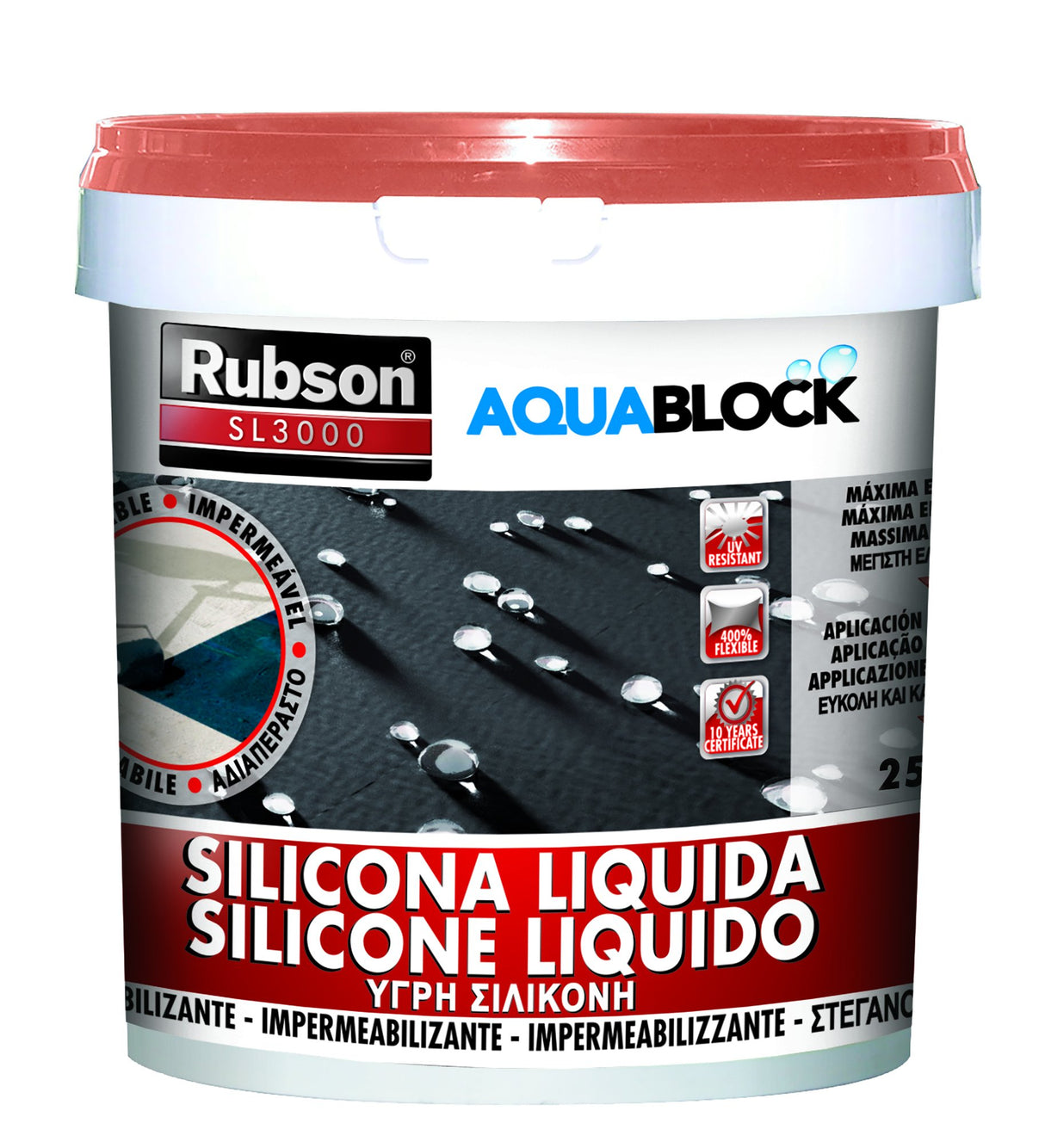Rubson Aquablock SL3000 Silicona Líquida teja, impermeabilizante líquido para prevenir y reparar goteras y humedades, silicona elástica con tecnología Silicotec, 1 x 25 kg