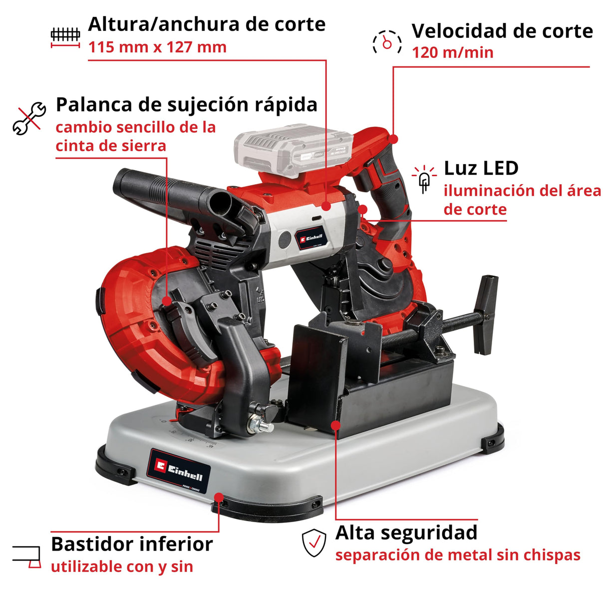 Einhell Sierra de banda con batería TE-MB 18/127 Li-Solo Power X-Change (18 V, 115 mm altura de corte, 127 mm anchura de corte, bastidor inferior, luz LED, incl. 2 bandas de sierra, sin batería)