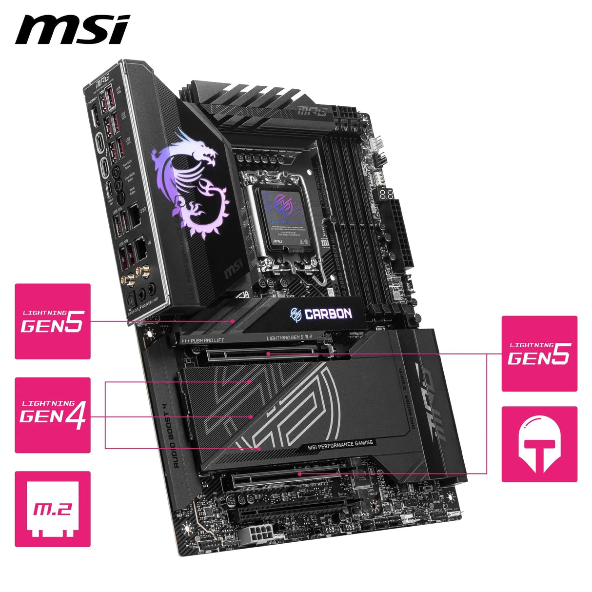 MSI MPG Z890 Carbon WiFi Placa Base ATX, Admite Intel Core Ultra (Serie 2), LGA 1851-110A SPS VRM, DDR5 Memory Boost 9200+ MT/s (OC), PCIe 5.0 x16 & 4.0 x16, M.2 Gen5
