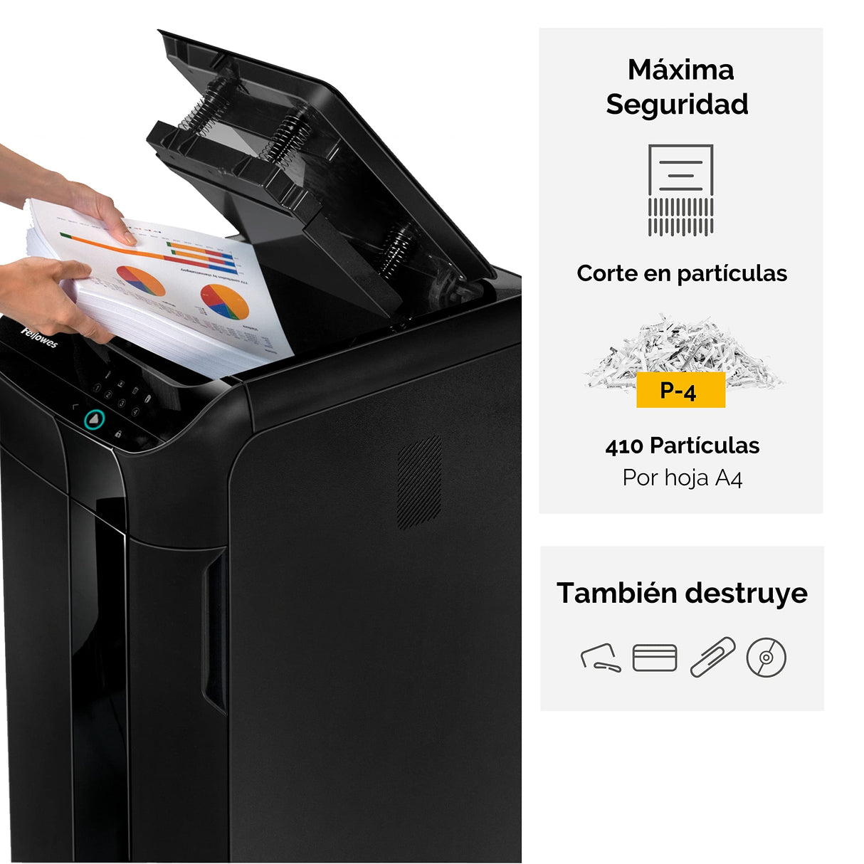 Fellowes Automax™ 550C - Destructora trituradora de Papel automática, Corte en partículas de 4x38mm (DIN P-4), destruye hasta 550 Hojas, hasta 10 usuarios en la Oficina, Papelera de 83L, destruye CD