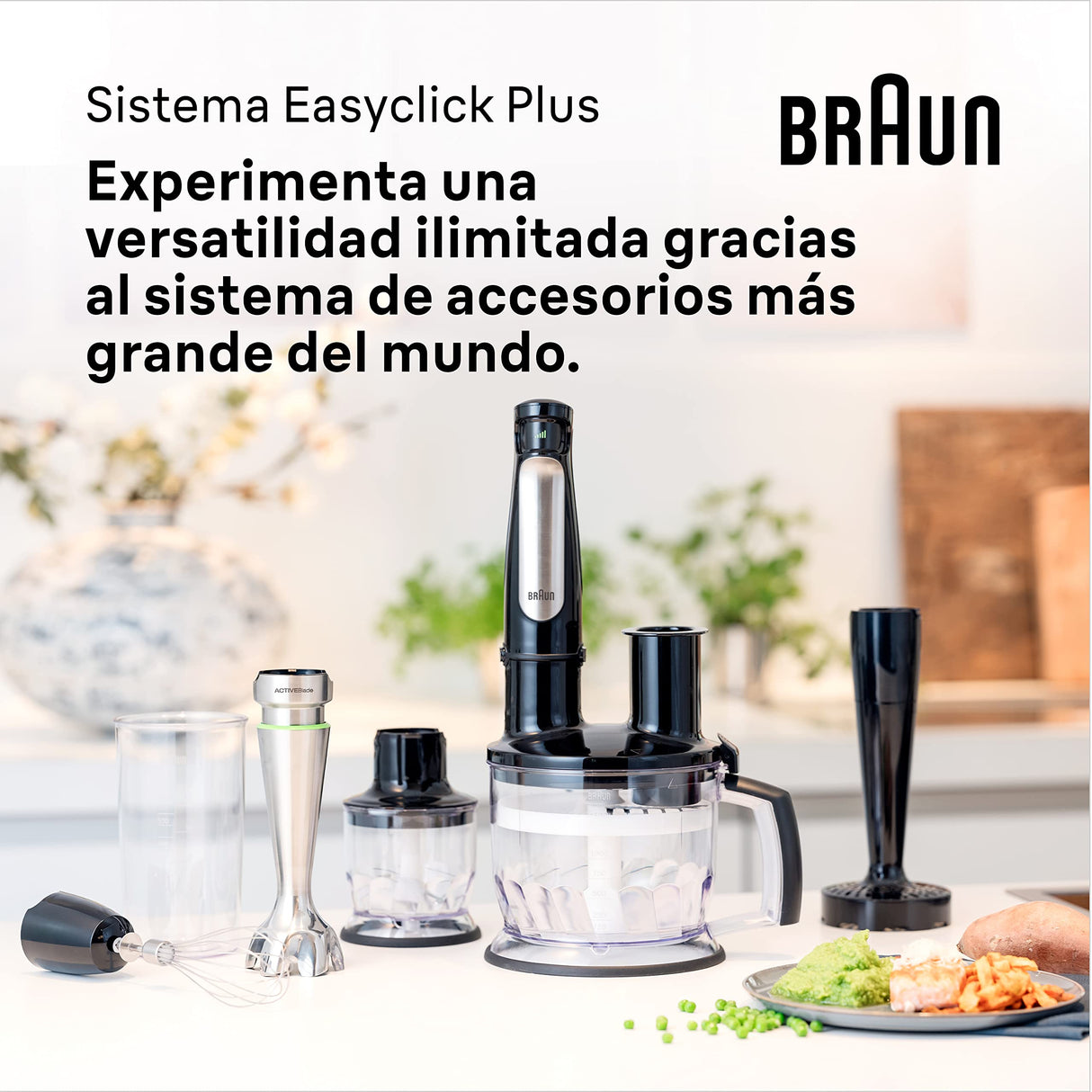 Braun Minipimer 7 MQ7087X - Batidora de Mano de 1000W, Minipicadora de 350ml, Pasapuré, Varillas, Procesador de Alimentos con 3 Funciones, Vaso de 600ml, Velocidad Automática, Tecnología ActiveBlade