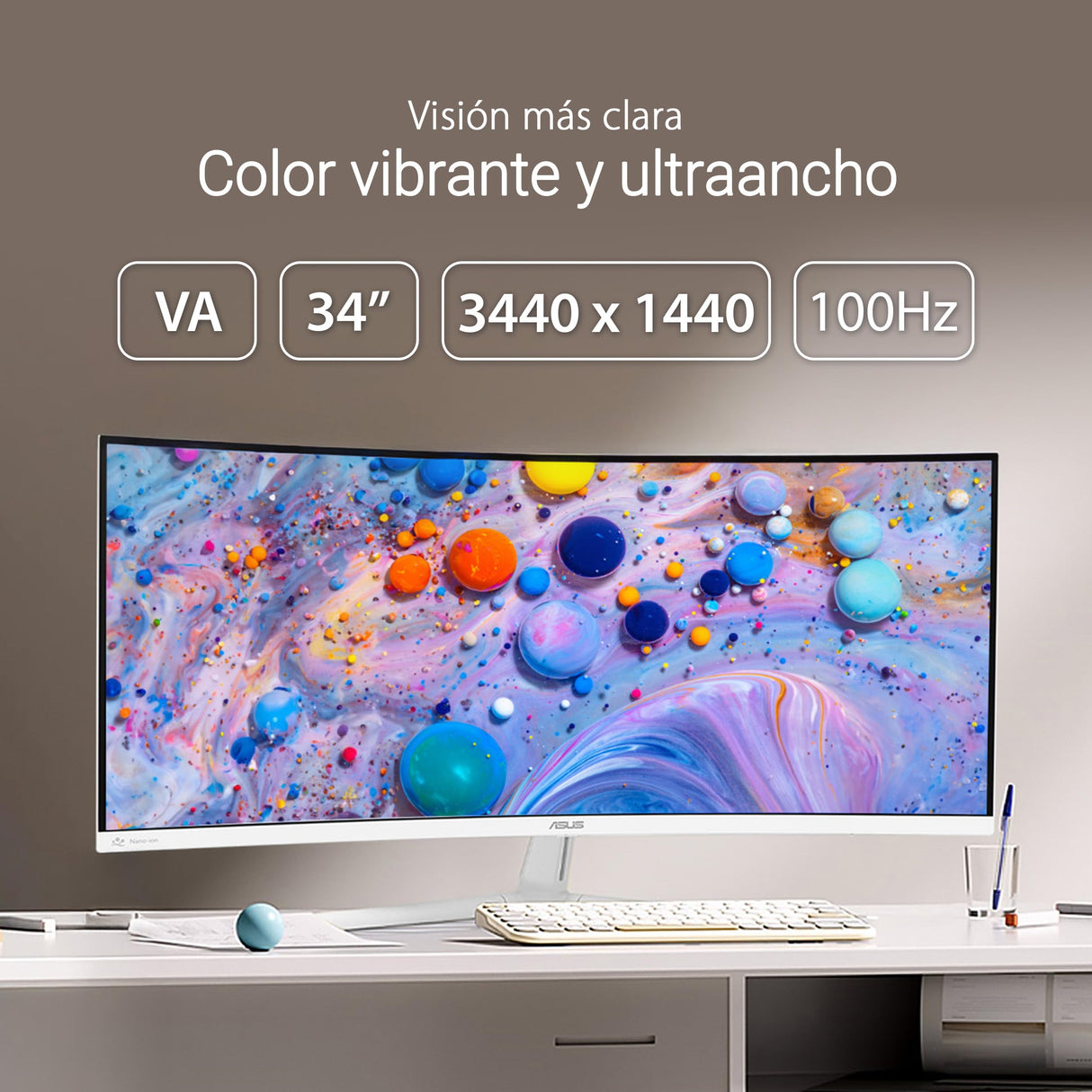 ASUS VU34WCIP-W Monitor Eye-Care WQHD de 34 Pulgadas, 3440x1440, curvatura 1500R, sin Marco, 100 Hz, ionizador de Aire, SmoothMotion, Eye Care Plus, USB-C PD 65 W, Altavoces, sostenibilidad óptima