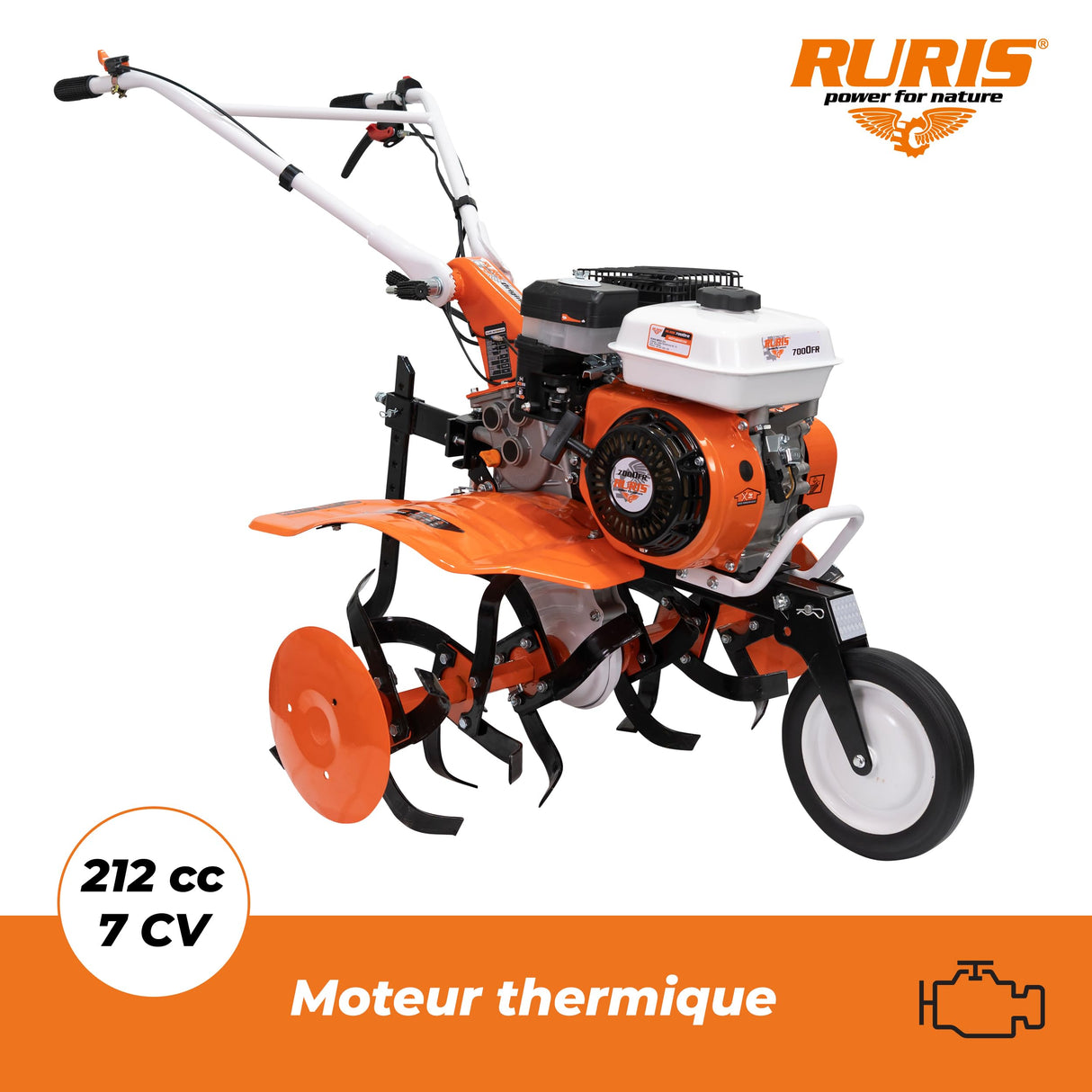 RURIS POWER FOR NATURE Motobinosa 7000 FR, 7 CH, 24 Fresas, Ancho de Trabajo 560-830 mm, manillares Ajustables +Tope + Lote contrapeso 10 kg