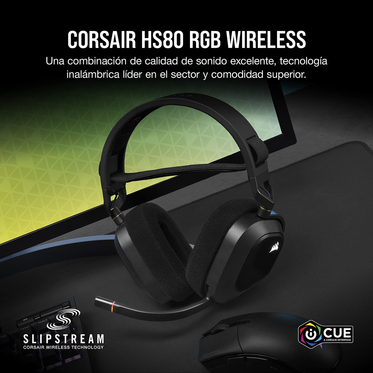 Corsair HS80 RGB WIRELESS Auriculares Inalámbricos para Juegos Multiplataforma RGB - Dolby Atmos - Micrófono Omnidireccional - Compatible con iCUE - PC, Mac, PS5, PS4 - Carbono