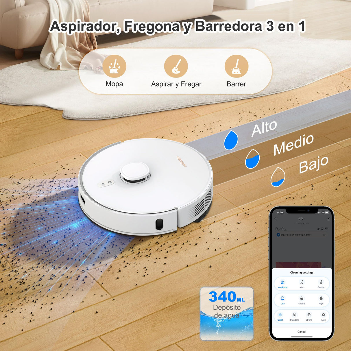 AIRROBO GT21 Robot Aspirador y Fregasuelos con Mopa: Robot-Aspirador Navegación láser | 3.5L Base de Autovaciado | Inteligencia Artificial | Evita Objetos | 180 min Autonomía | Control App/WiFi