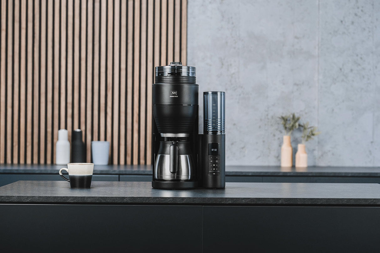 Melitta AromaFresh Pro X Therm - Cafetera de goteo con molinillo integrado, cafetera de filtro con jarra térmica y depósito de agua extraíble, máquina de café para hasta 8 tazas, negro