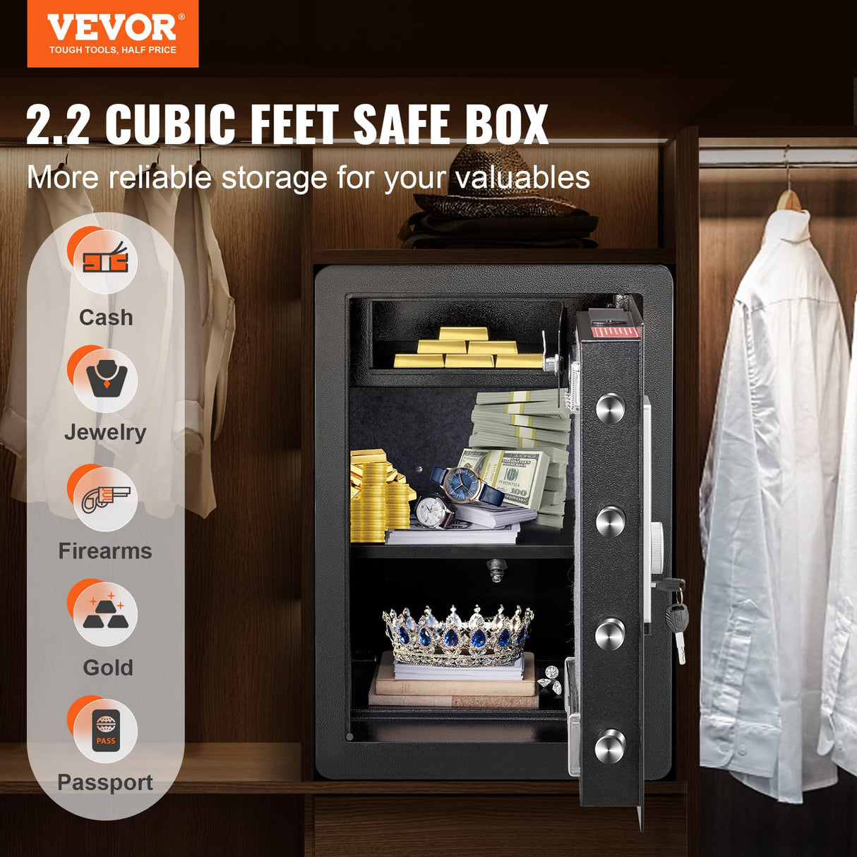 VEVOR Caja fuerte de seguridad de acero, 2.2 pies cúbicos, cerradura de teclado digital y huellas dactilares, bolsa ignífuga, protege dinero en efectivo, oro, joyas, documentos, 15.8 x 13 x 23.6