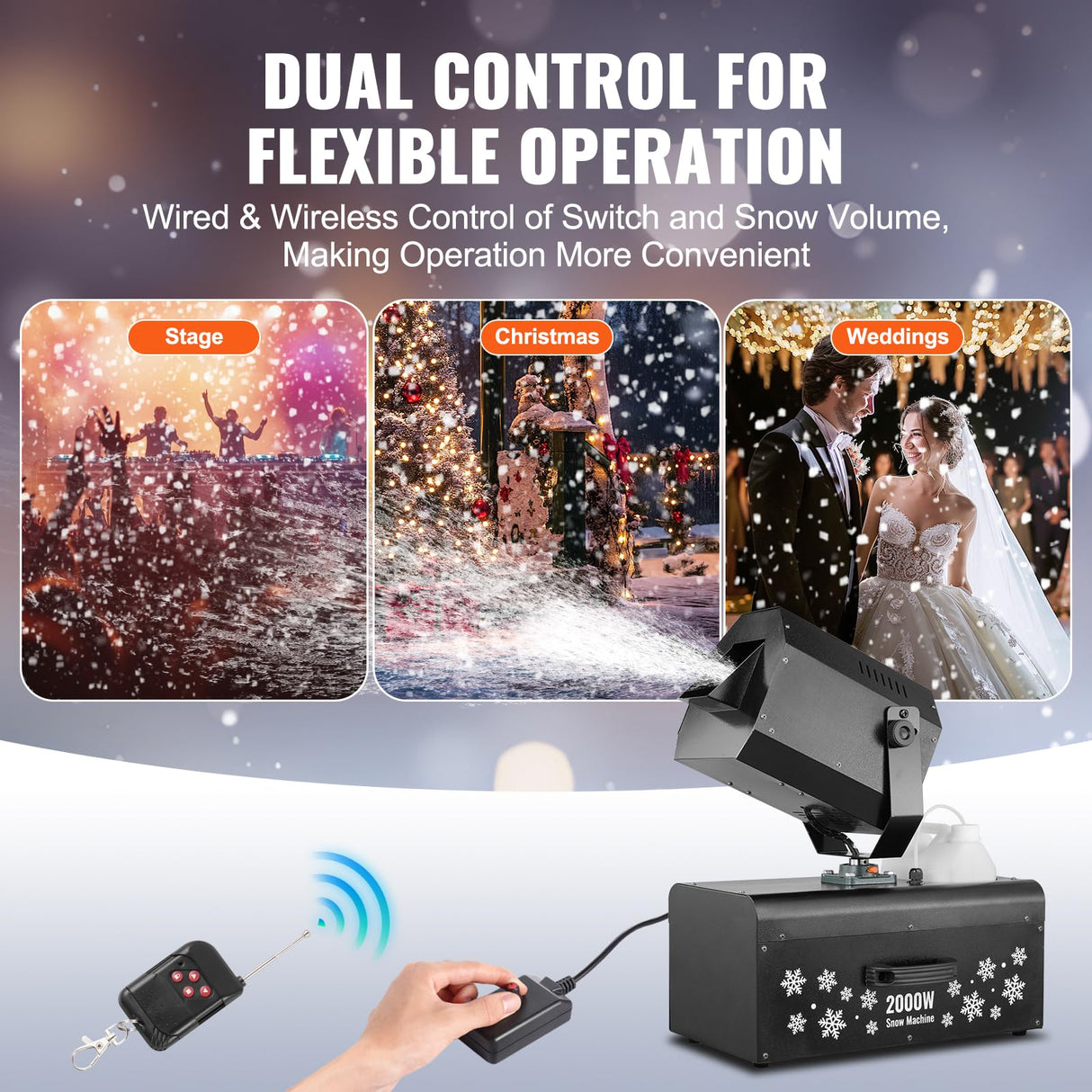 VEVOR 2000 W Máquina de Fabricar Nieve de 450 x 27 x 300 mm Máquina para Hacer Copos de Nieve con Control Remoto Inalámbrico y Cable, Tanque de 5 L para Interiores para Fiestas Navideñas, Bodas