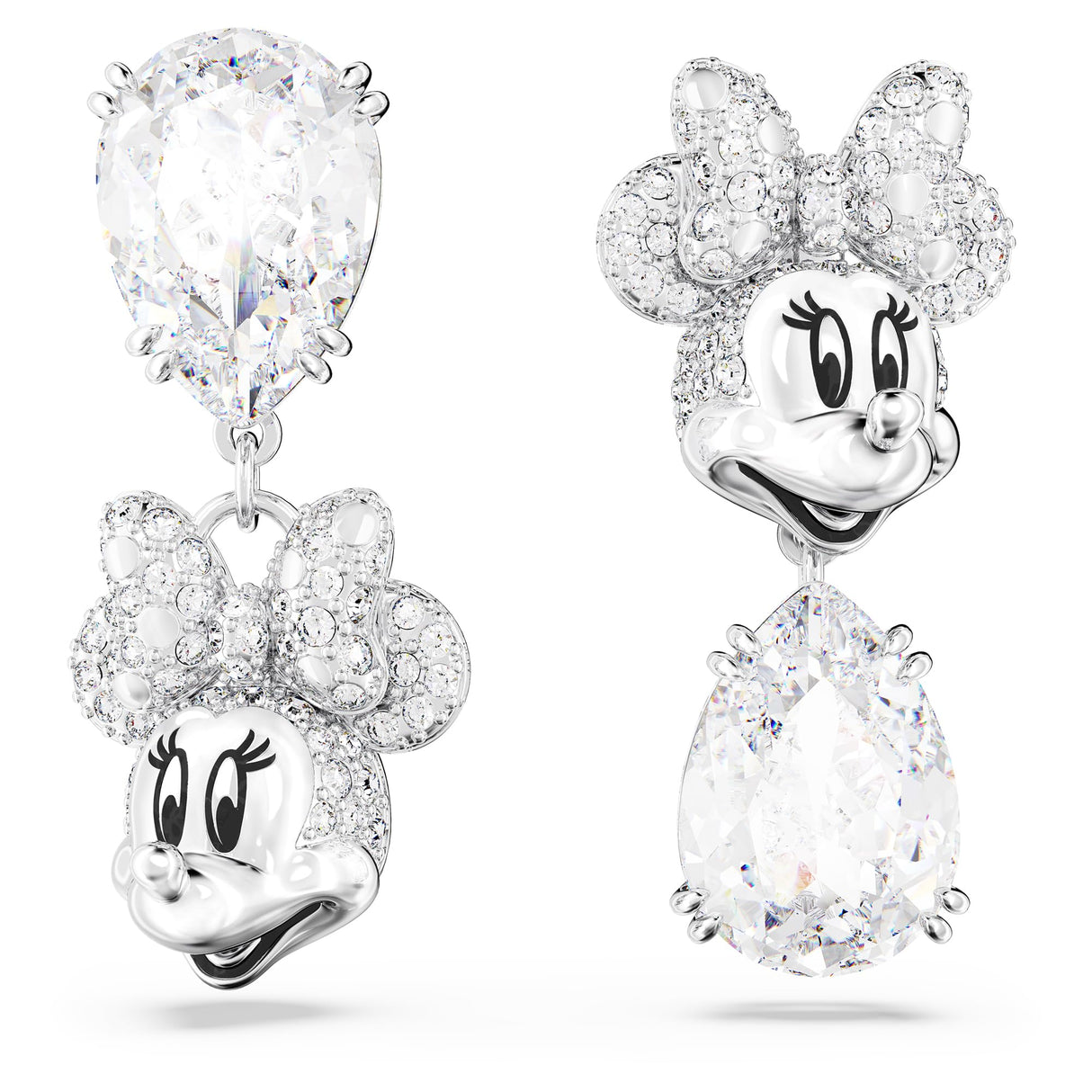 Swarovski Disney100 Pendientes Disney Minnie Mouse, Diseño asimétrico, Cristales Blancos, Baño de Rodio