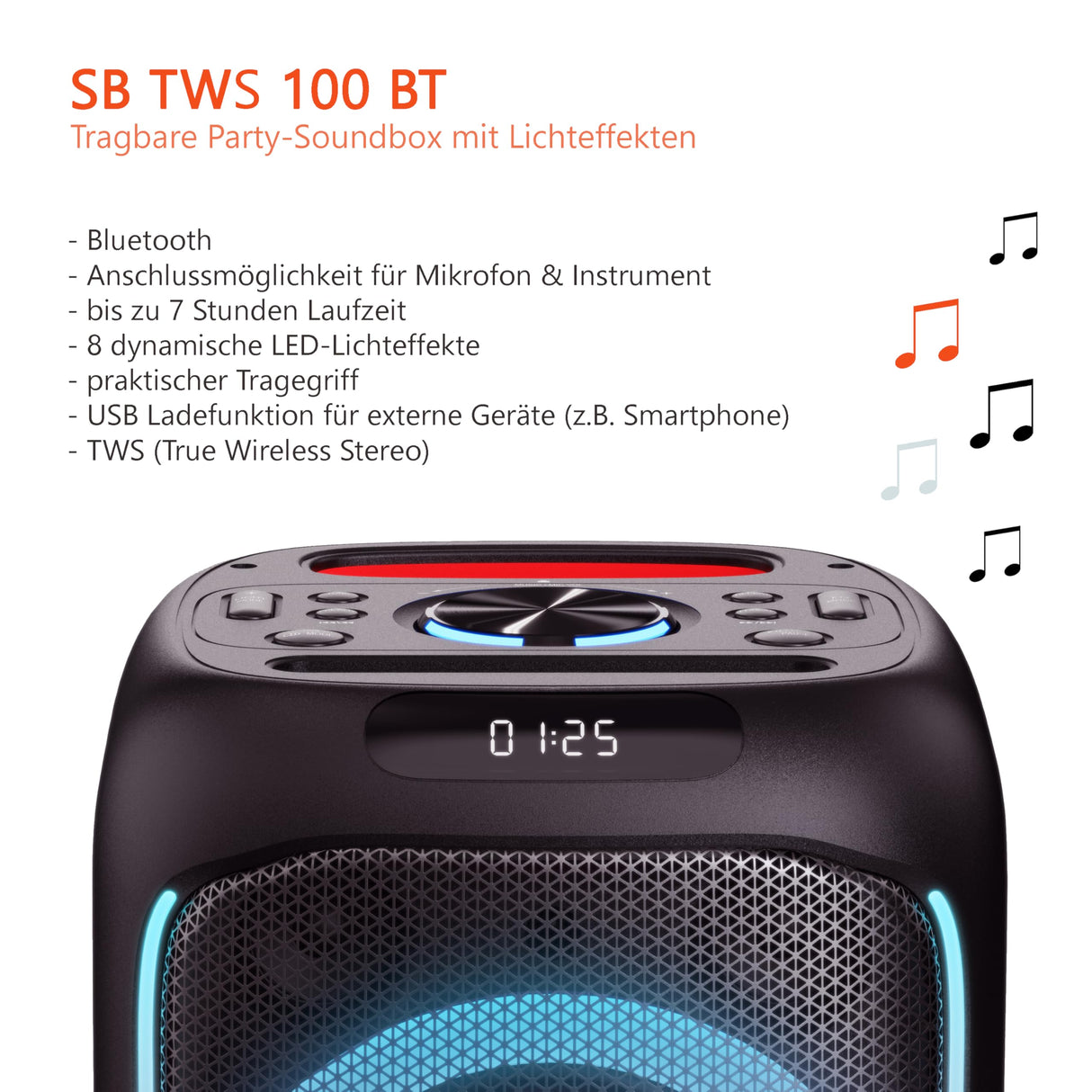 Silva Schneider Mobile Beat SB-TWS 100 BT Soundbox, hasta 7 h de autonomía, Efecto de luz LED, práctica asa, batería, función de Carga USB para Dispositivos externos