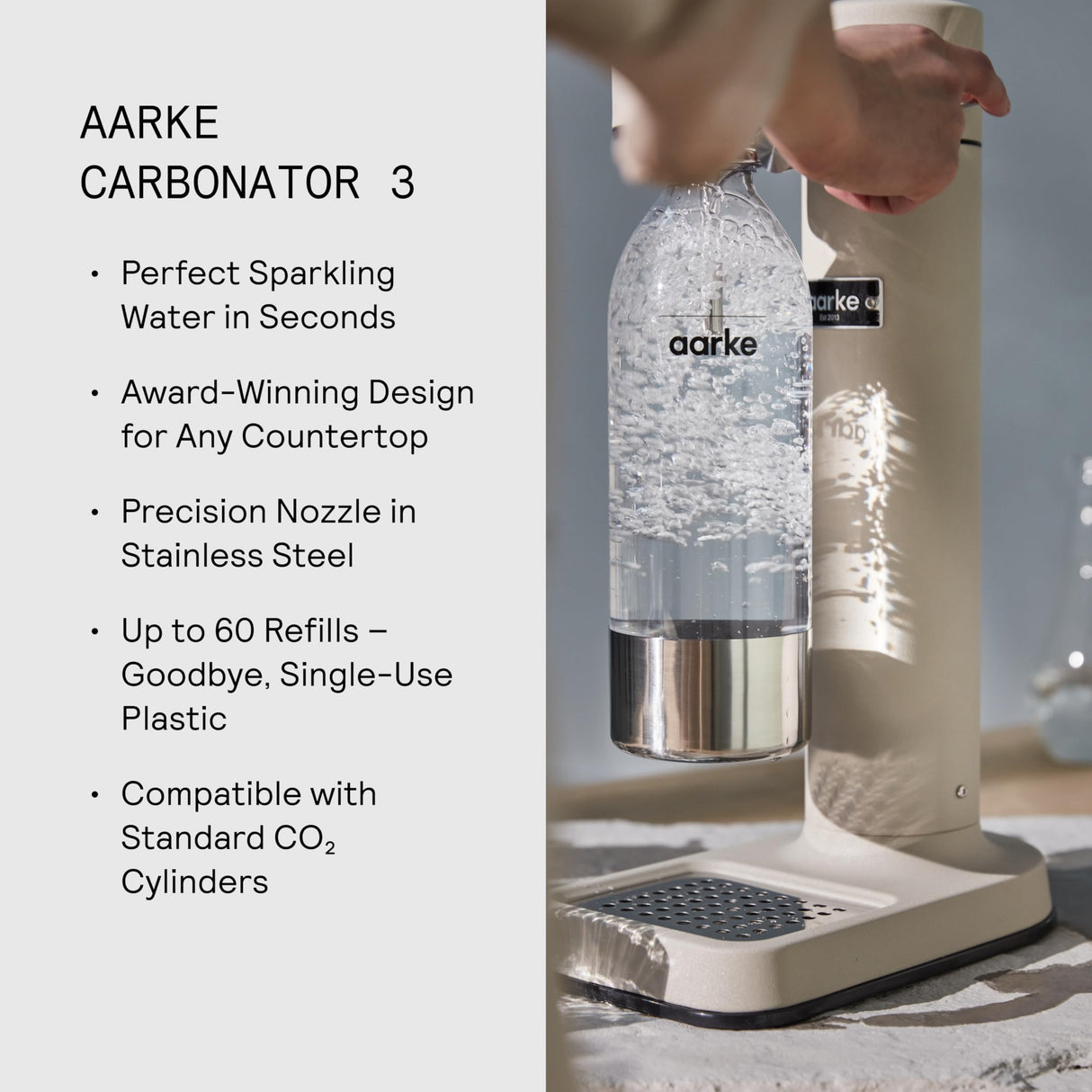Aarke Carbonator 3, Máquina para hacer Agua con Gas en Acero Inoxidable, incluye Botella 800ml, Edición Especial Sand