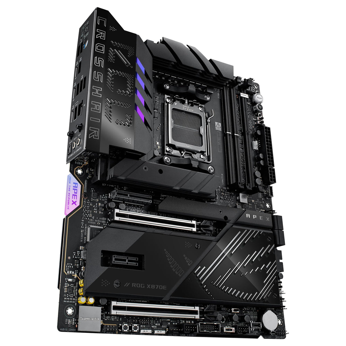 ASUS ROG Crosshair X870E Apex - Placa Base AMD ATX, 18+2+2 etapas de Potencia, Ranuras DDR5, PCIe 5.0 Compatible con GPU de próxima generación, Cinco Ranuras M.2, Wi-Fi 7, USB4, overclocking con IA