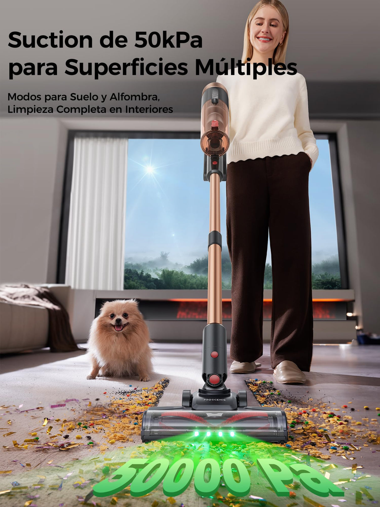 Proscenic P11 Ultra Aspiradora sin Cable 50KPa/500W/50Min, Aspiradora Escoba Vertical Potente con Luz Verde, Cepillo Antienredos y Pantalla LED para Alfombras/Suelos/Pelo de Mascotas