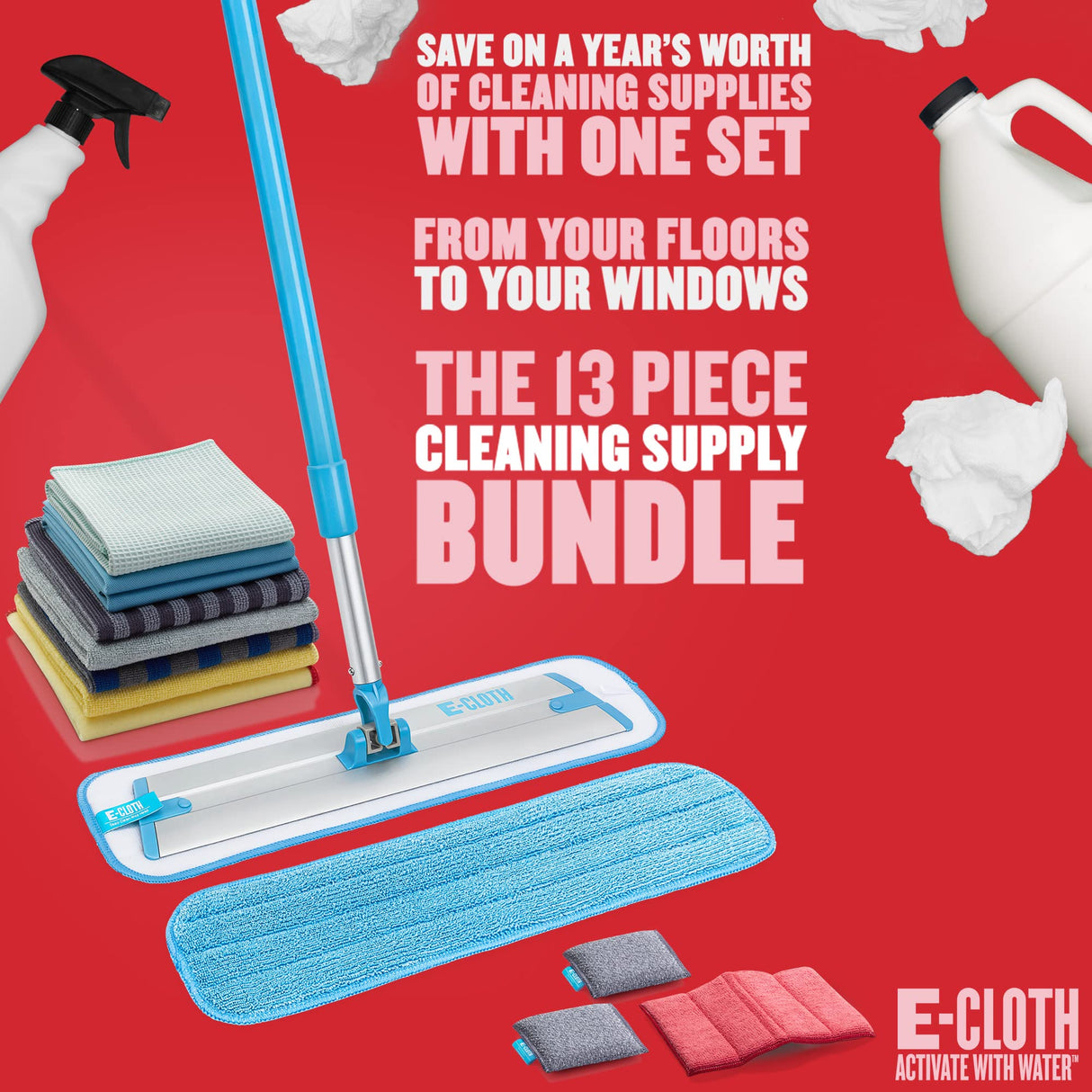 E-Cloth Kit de Suministros de Limpieza de 13 Piezas, Incluye paño de Limpieza de Microfibra y Suministros de fregona, Juego de Limpiador Multiusos para Vidrio, Ventana, Superficie, Suelo, baño, Acero