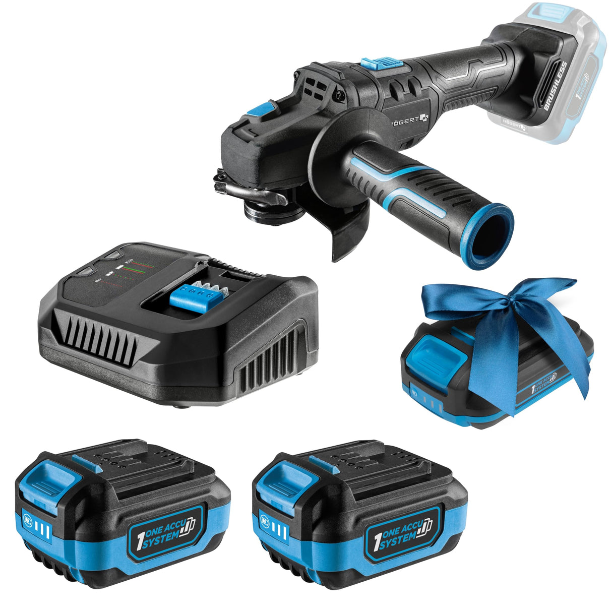 HÖGERT TECHNIK Juego de amoladora angular inalámbrica de 18 V, 125 mm, motor sin escobillas, 8000 RPM, con batería de 4,0 Ah y cargador rápido, protección contra sobrecalentamiento y cortocircuito