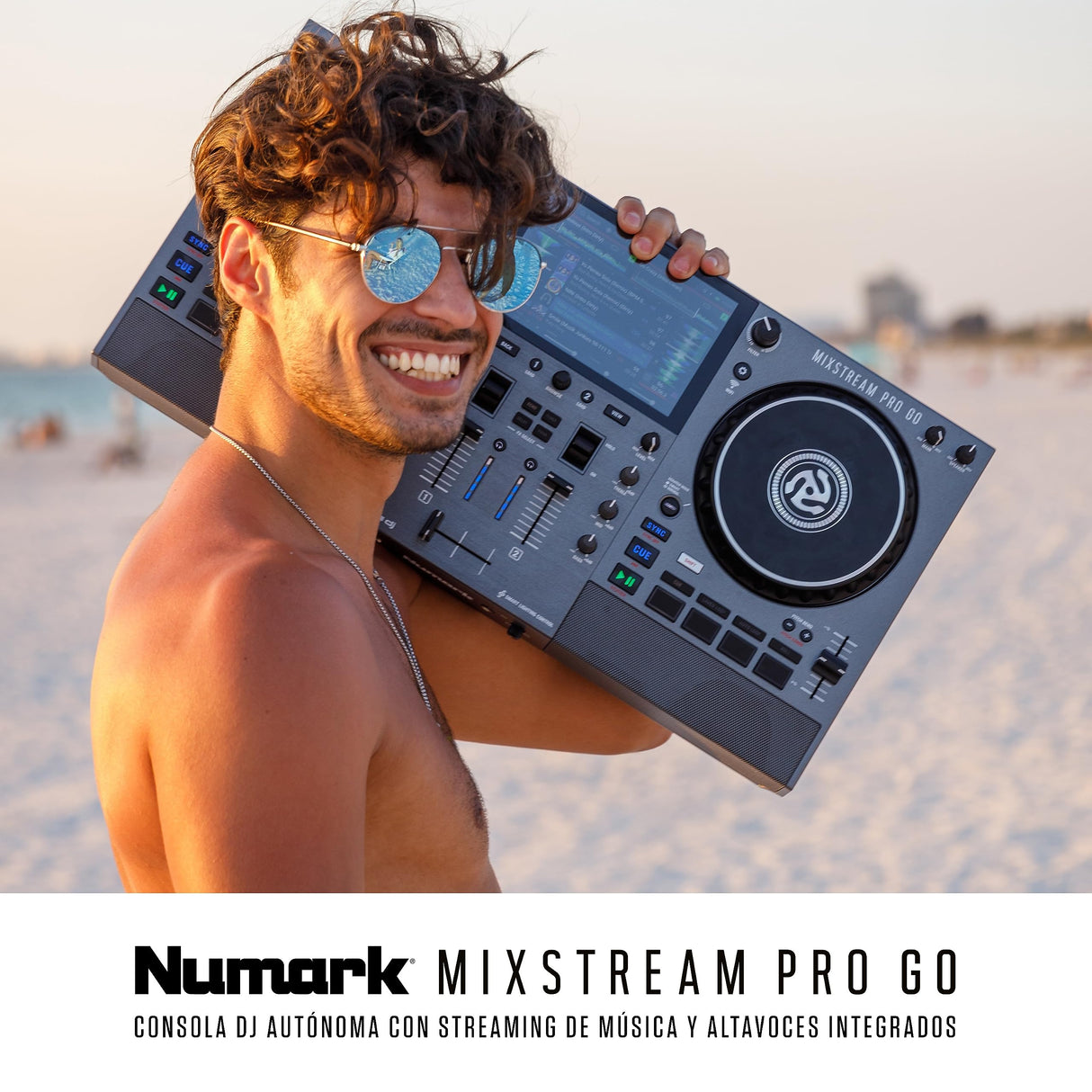 Numark Mixstream Pro Go - Controlador DJ portátil, batería, mezclador con separación de stems, altavoces, streaming wifi, pantalla táctil y Serato DJ
