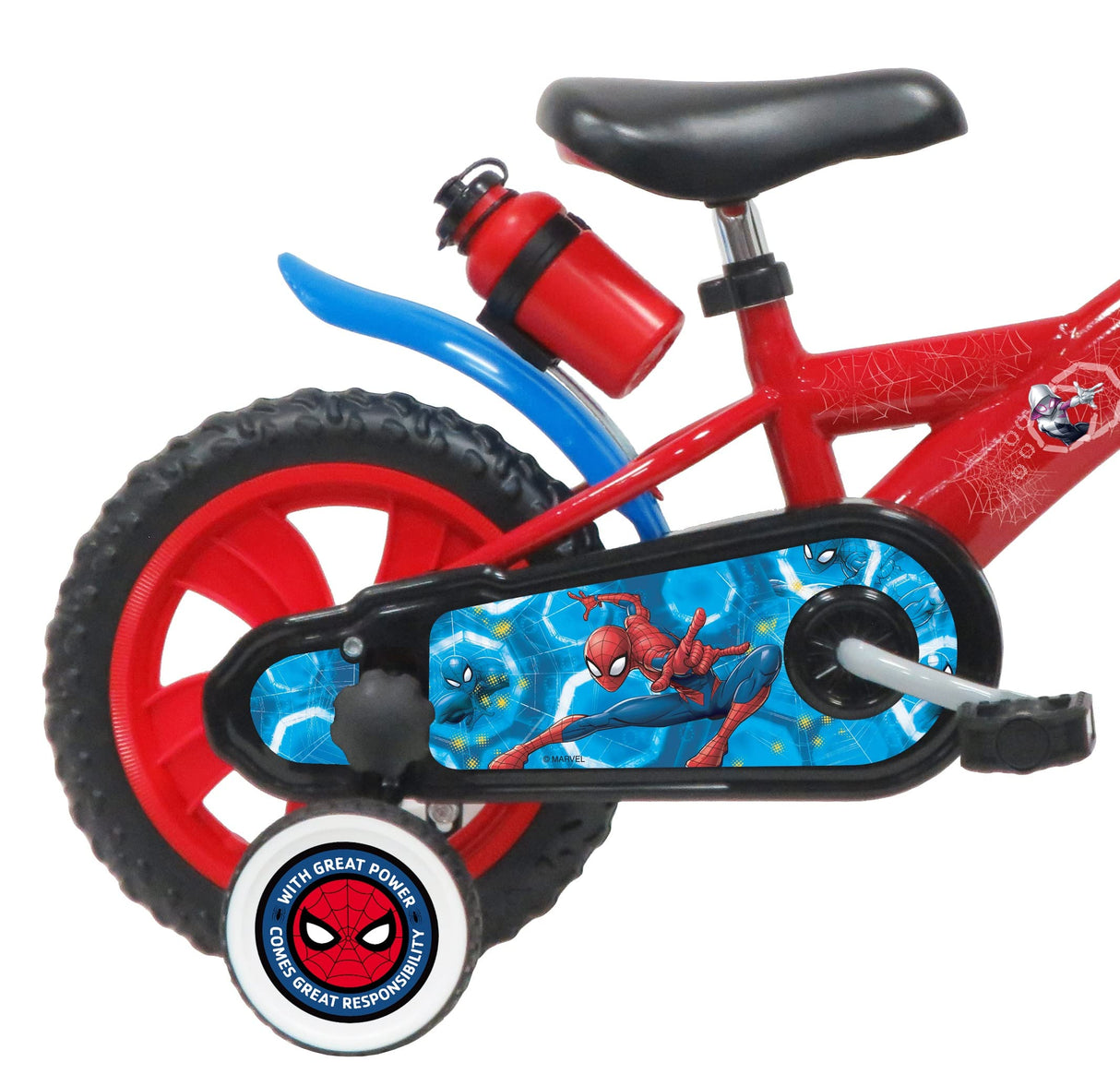 ATLAS 12' Bicicleta Spiderman Equipada con 1 Freno, Placa Delantera Decorativa, Guardabarros, cárter y estabilizadores. Chico, Rojo