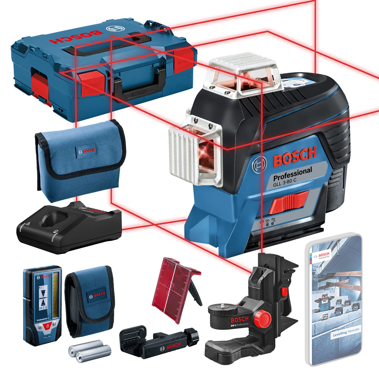 Bosch Professional Sistema 12V Nivel Láser GLL 3-80 C (1 batería 12V + cargador, láser rojo, interior, conexión Bluetooth, alcance hasta 30 m, receptor LR7, soporte universal BM1, en L-BOXX)