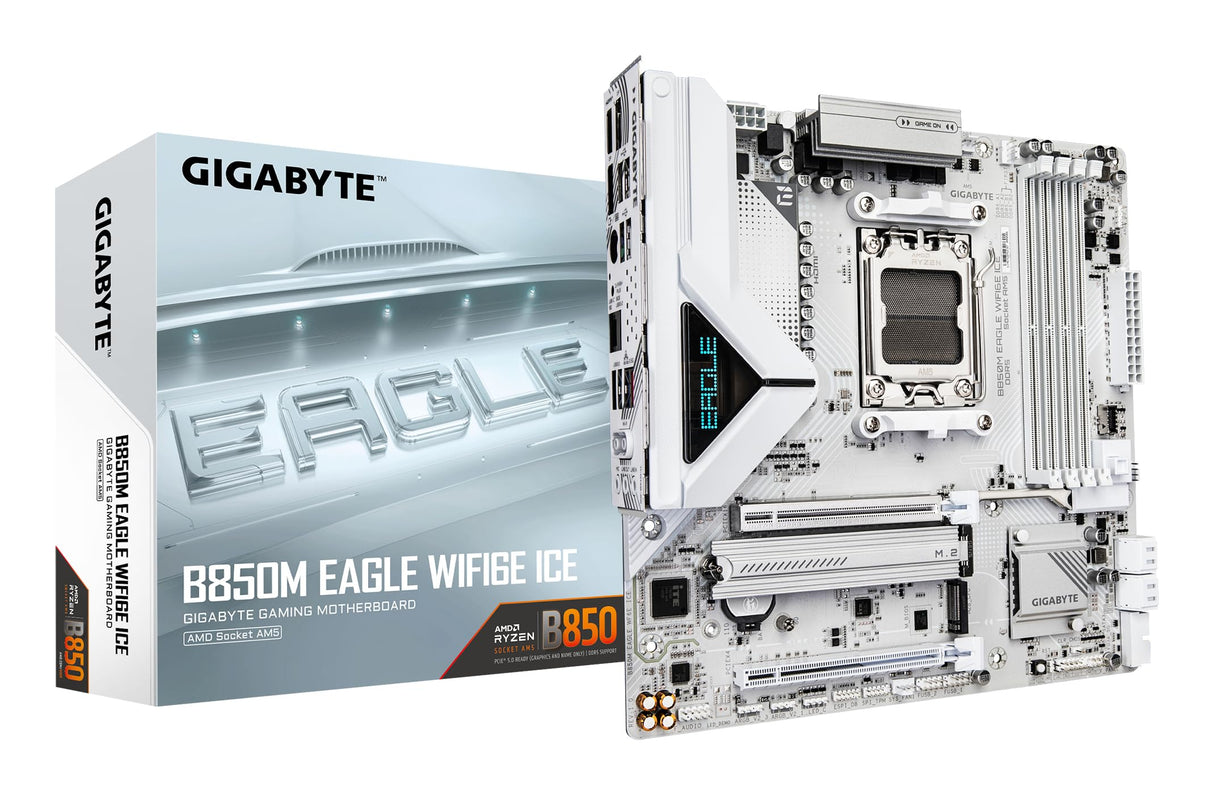 GIGABYTE B850M Eagle WIFI6E Ice Placa Base – Procesadores AMD Ryzen Serie 9000, VRM Digital de 8+2+2 Fases, hasta 8200 MHz DDR5 (OC), 1 x M.2 PCIe 5.0 + 1 x PCIe 4.0, Wi-Fi 6E, LAN 2.5 GbE