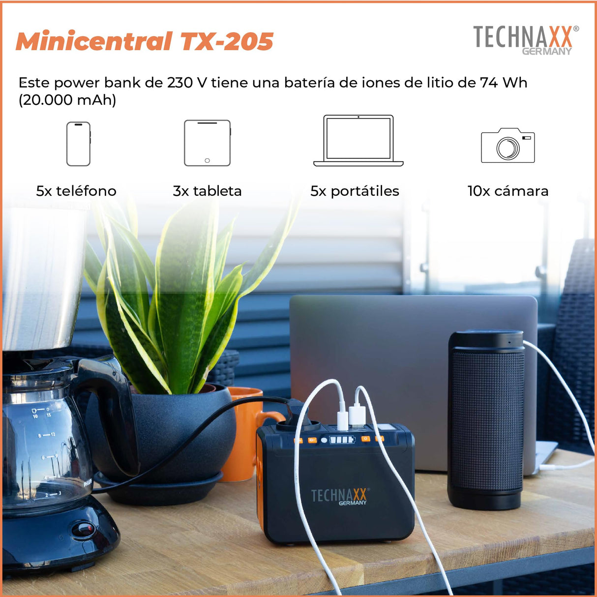 Mini estación de energía TX-205 de Technaxx - Power bank de 74 Wh 230 V con enchufe incorporado - Batería externa para portátil, teléfono móvil, mini nevera, etc., compatible con cargadores solares