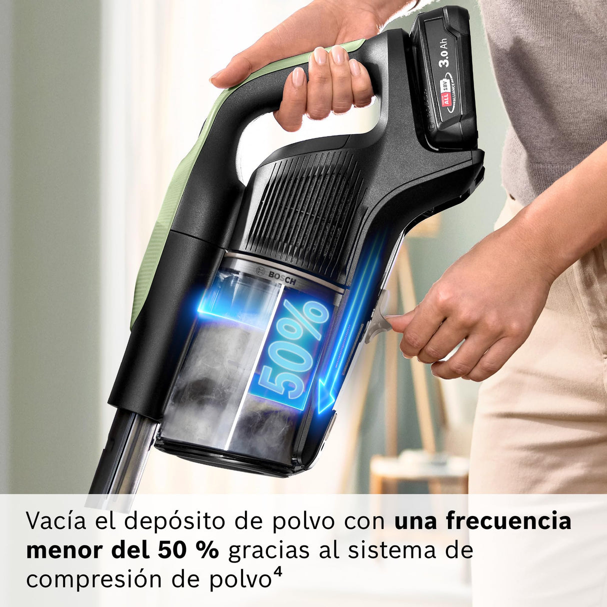 Bosch, Aspirador sin Cable Unlimited 9, batería de 3,0 Ah, tecnología MicroClean, depósito de Polvo de fácil Vaciado, Luces LED, Verde, BBS921TBA