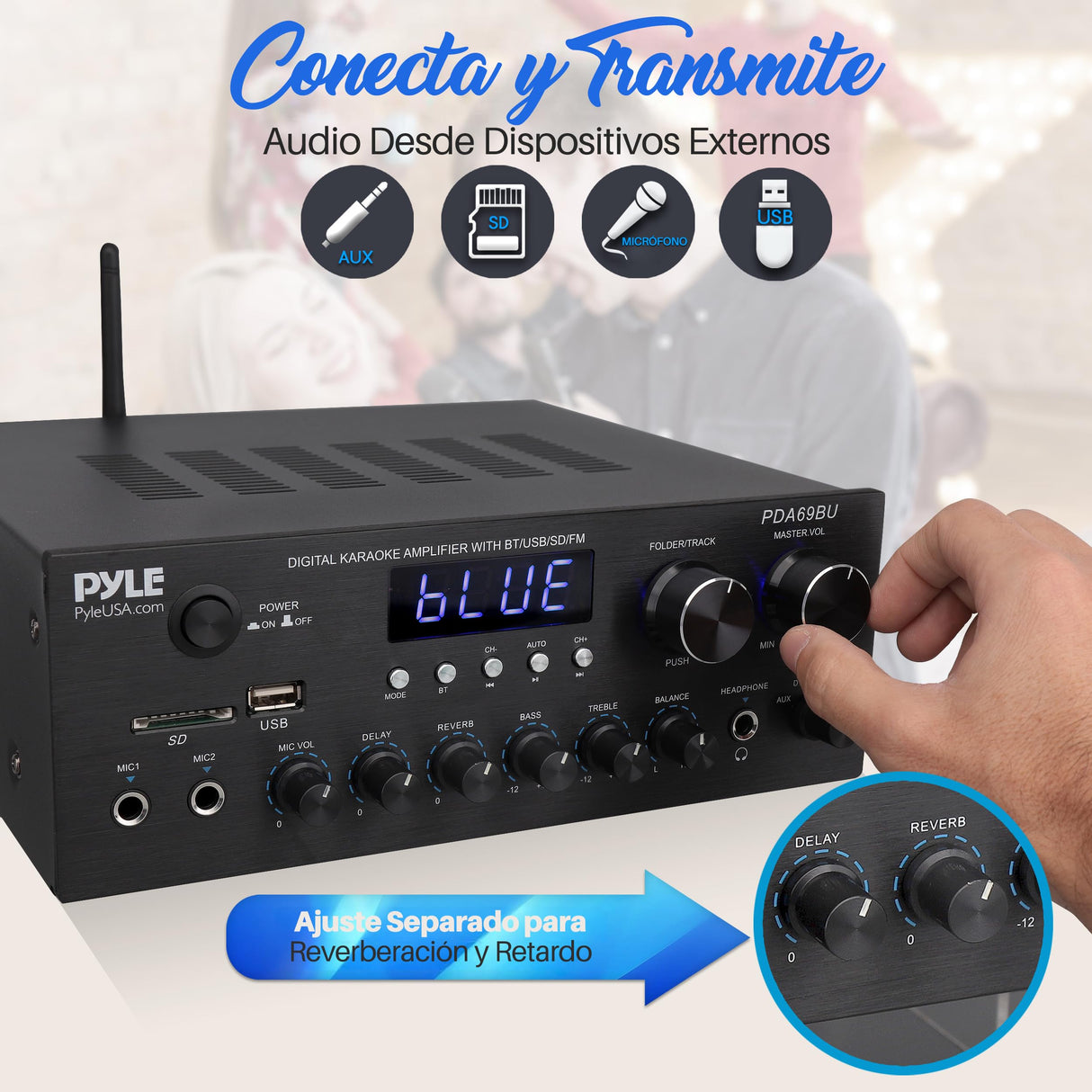 Pyle Amplificador de Audio, para el hogar, Estudio, 300W, Bluetooth, Estereo, 2 Canales, Sistema de Audio MP3, USB, SD, AUX, RCA, Microfono, Audiofonos, FM, LED