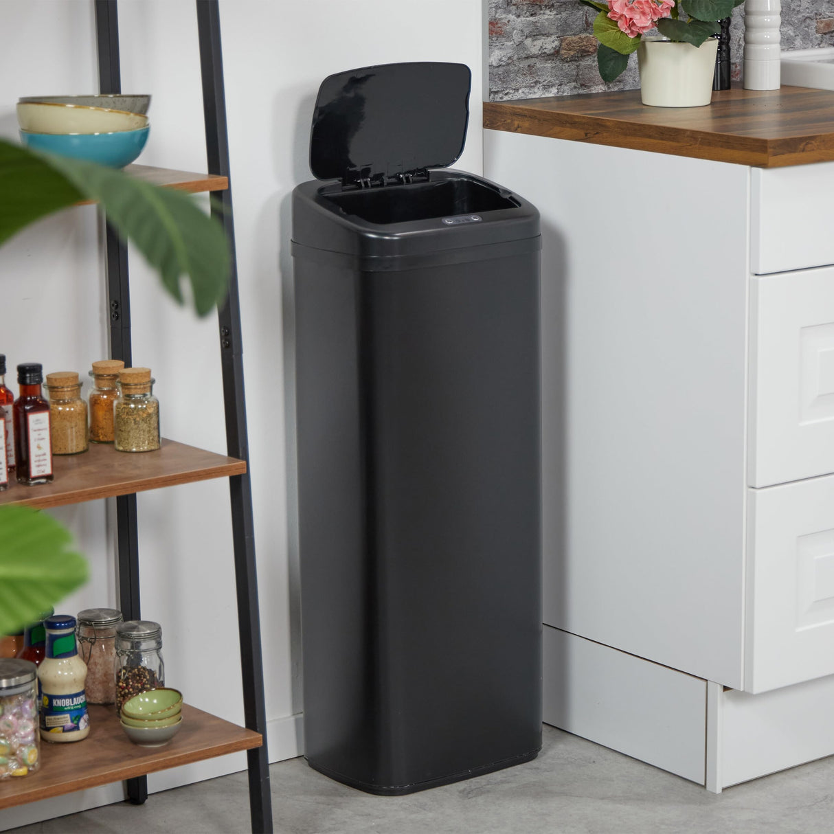 Relaxdays Cubo de Basura Cocina con Sensor, 40 litros, Tapa Eléctrica, Soporte Bolsas, Papelera Automática, Negro, Acero, Plástico