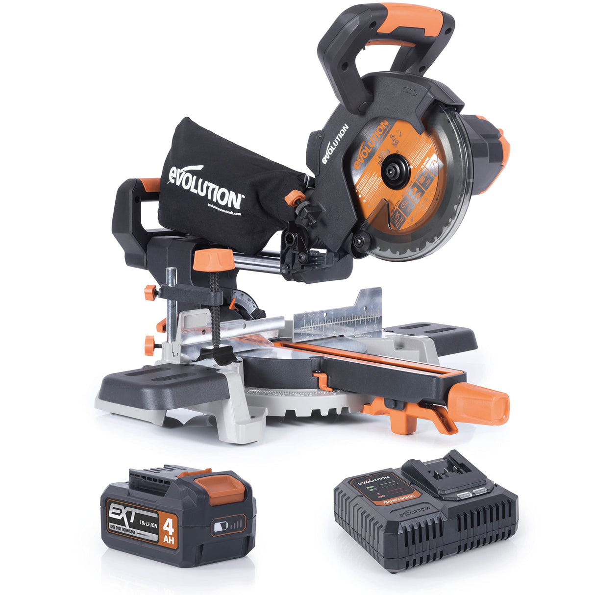 Evolution Sierra ingletadora deslizante inalámbrica R185SMS-Li de Evolution Power Tools con corte multimaterial,bisel de 45°,inglete de 50°, 850 W-Incluye batería de 4 Ah y cargador,hoja TCT de 185 mm