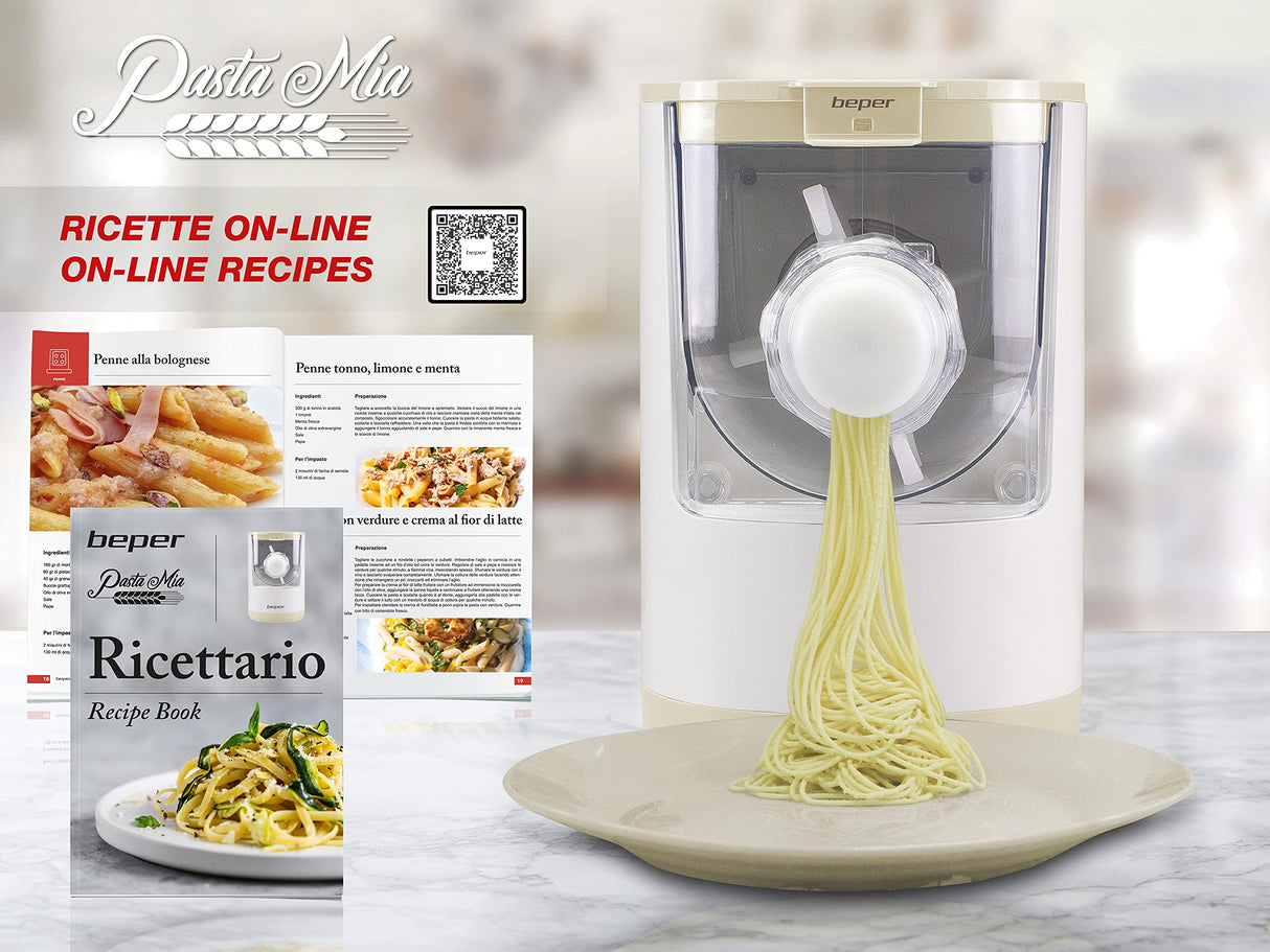 BEPER P102SBA500 Máquina Automática para Pasta Fresca, Pasta maker,200W, 320 g de Harina, 8 Trefiladores diferentes formatos, Pantalla para el funcionamiento, Incluye Medidor y Espátula