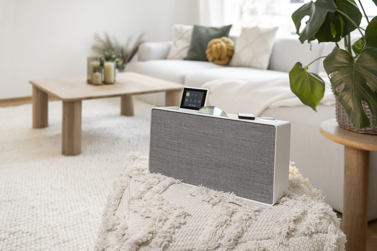 Sistema de música Pure Evoke Home All-In-One para el hogar (Radio Dab+/UKW, Radio por Internet, Podcasts, Spotify Connect, Bluetooth, CD y un Potente Sonido estéreo de 100 vatios), Blanco algodón