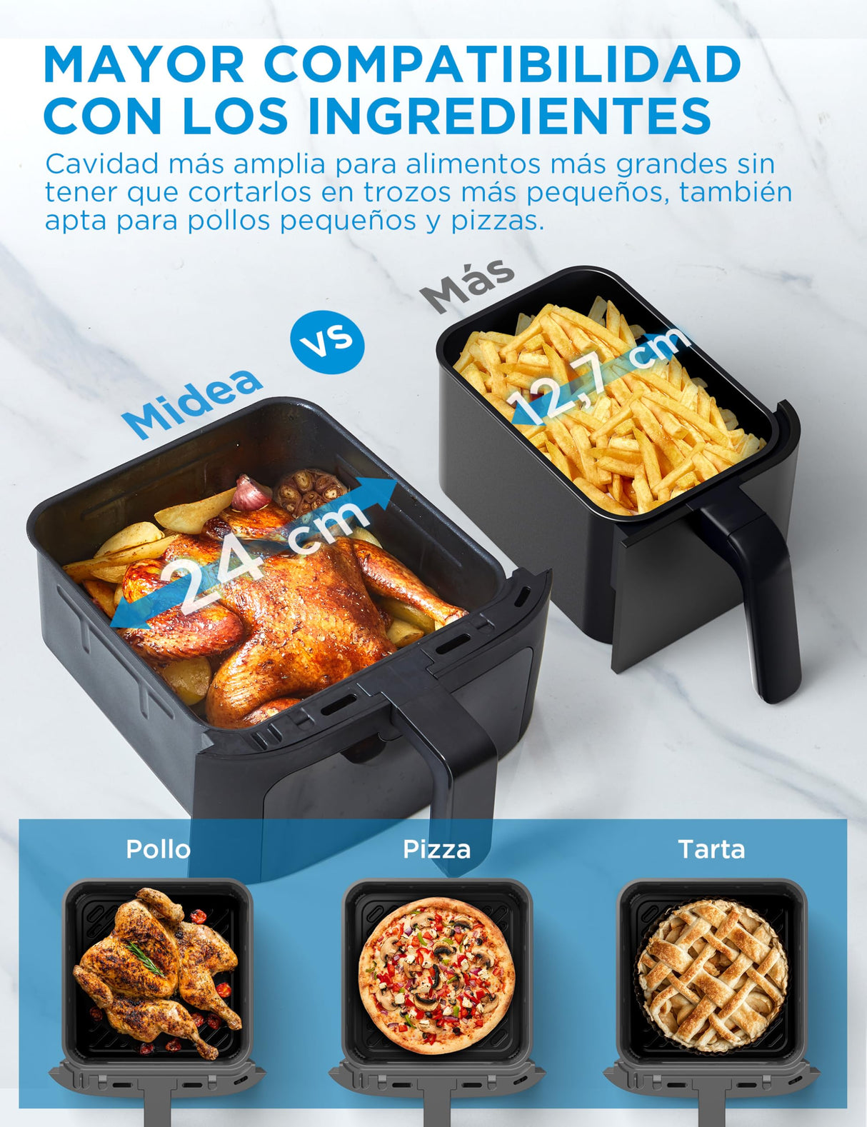 Midea Smart Freidora de Aire Double Stack 11L, Doble Cesta Vertical, Compatible inteligente WiFi y Alexa, Diseño para Ahorrar Más Espacio, 8 Programas Automáticos para 3-8 personas, 2400W