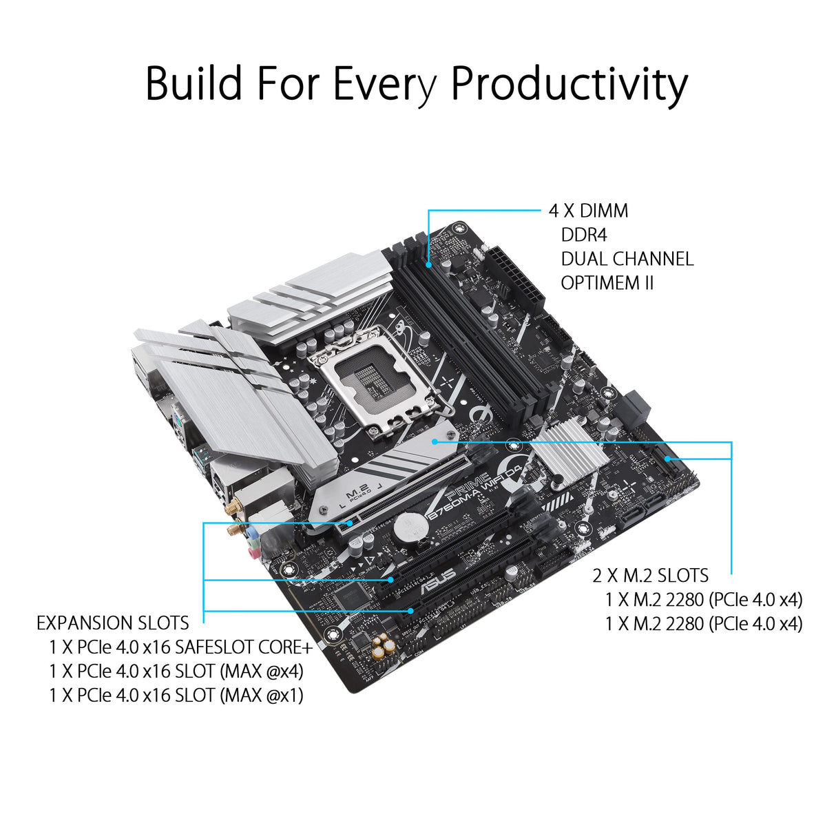 Asus Prime B760M-A WiFi D4 - Placa Base mATX Intel B760 LGA 1700 (PCIe 4.0, Dos M.2, 2.5Gb Ethernet, Wi-Fi 6, Dual HDMI, SATA 6 Gbps, USB 3.2 Gen2, USB 3.2 Gen1 Type-C, Aura Sync)
