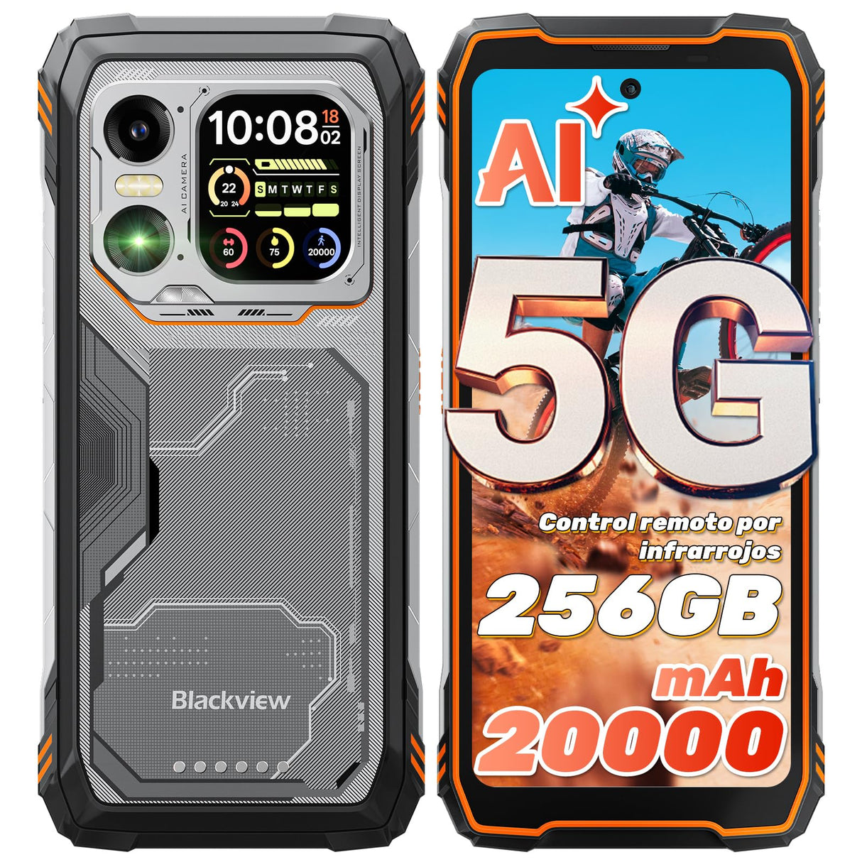Blackview Xplore1 5G Movil Irrompible con Pantalla Secundaria, 20000mAh, Dimensity 7050 Movil Resistente, Android 15, 36GB+256GB/2TB, 50MP+64MP+20MP Nocturna, 6,78" 120Hz,170lm/NFC/WIFI 6/AI/Naranja