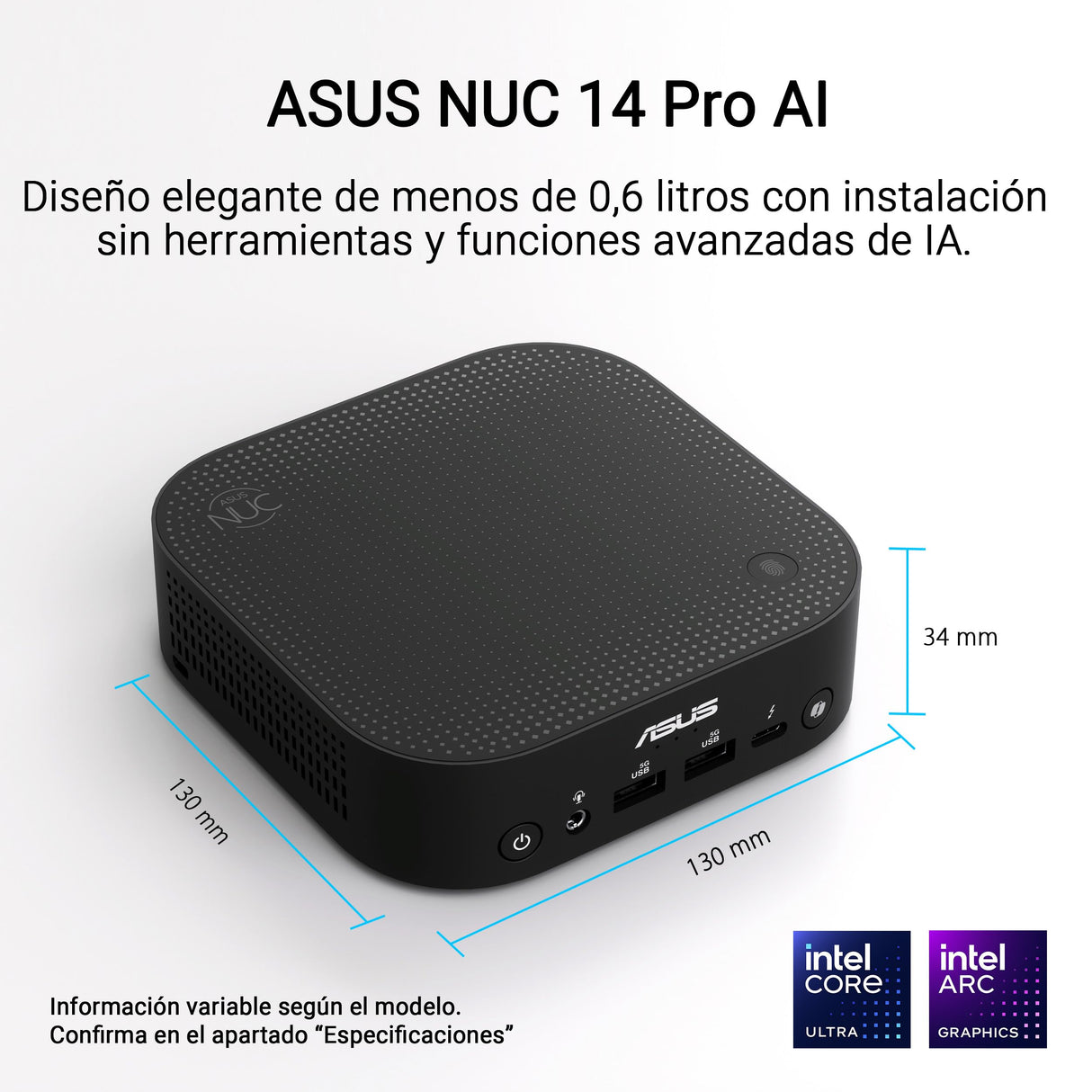 ASUS NUC Pro AI Mini PC, Procesador Intel Core Ultra 5 226V, Intel ARC Graphics, 16GB RAM DDR5, 512GB SSD, Windows 11 Pro, Copilot+, Negro