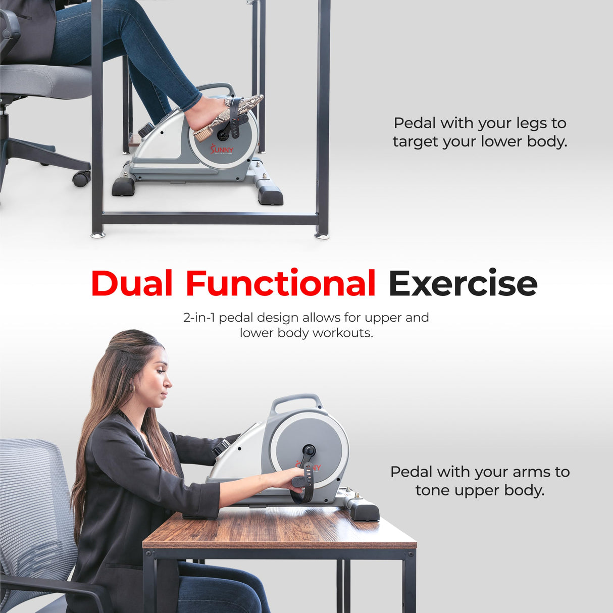 Sunny Health & Fitness Ejercitador de Pedales magnético para Debajo del Escritorio, Doble acción, diseño Discreto