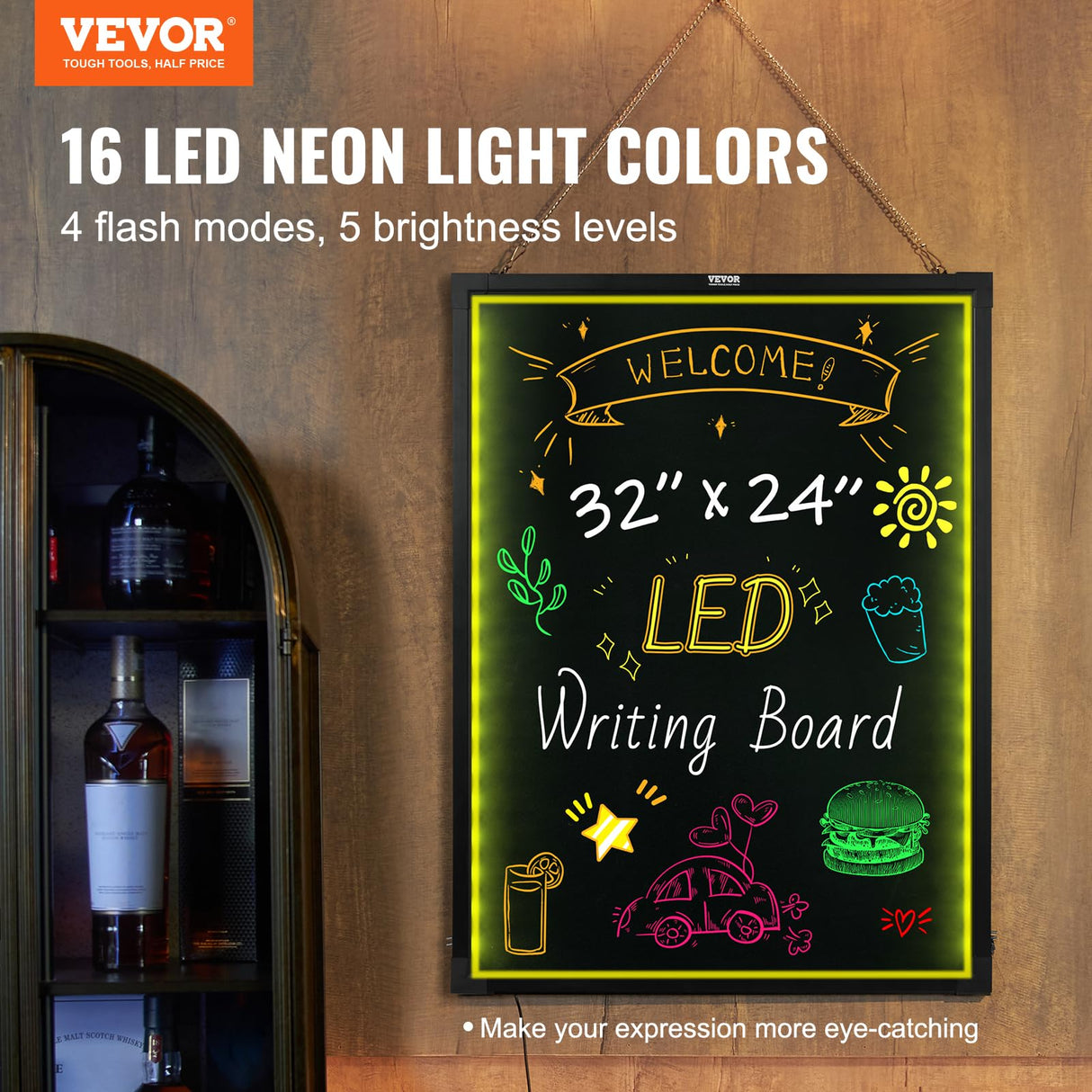 VEVOR Tablero de Escritura de Mensajes LED, Pizarra Iluminada Borrable de 598 x 798 x 9 mm, Tablero de Letrero de Menú con Efecto Neón, con 8 Marcadores de Tiza Fluorescentes y Control Remoto, RGB