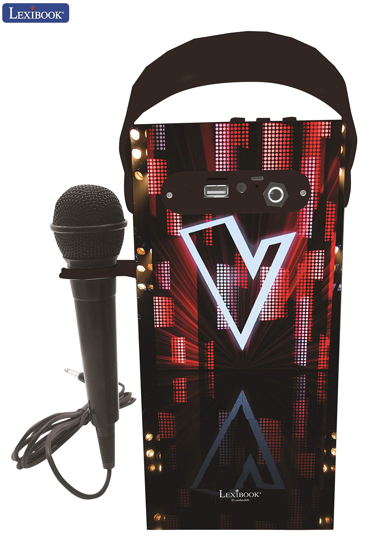 LEXIBOOK, The Voice, Altavoz Luminoso Bluetooth portátil con micrófono, Efectos de luz, Karaoke, Inalámbrico, USB, Tarjeta SD, Batería Recargable, Negro/Rojo, BTP180TVZ