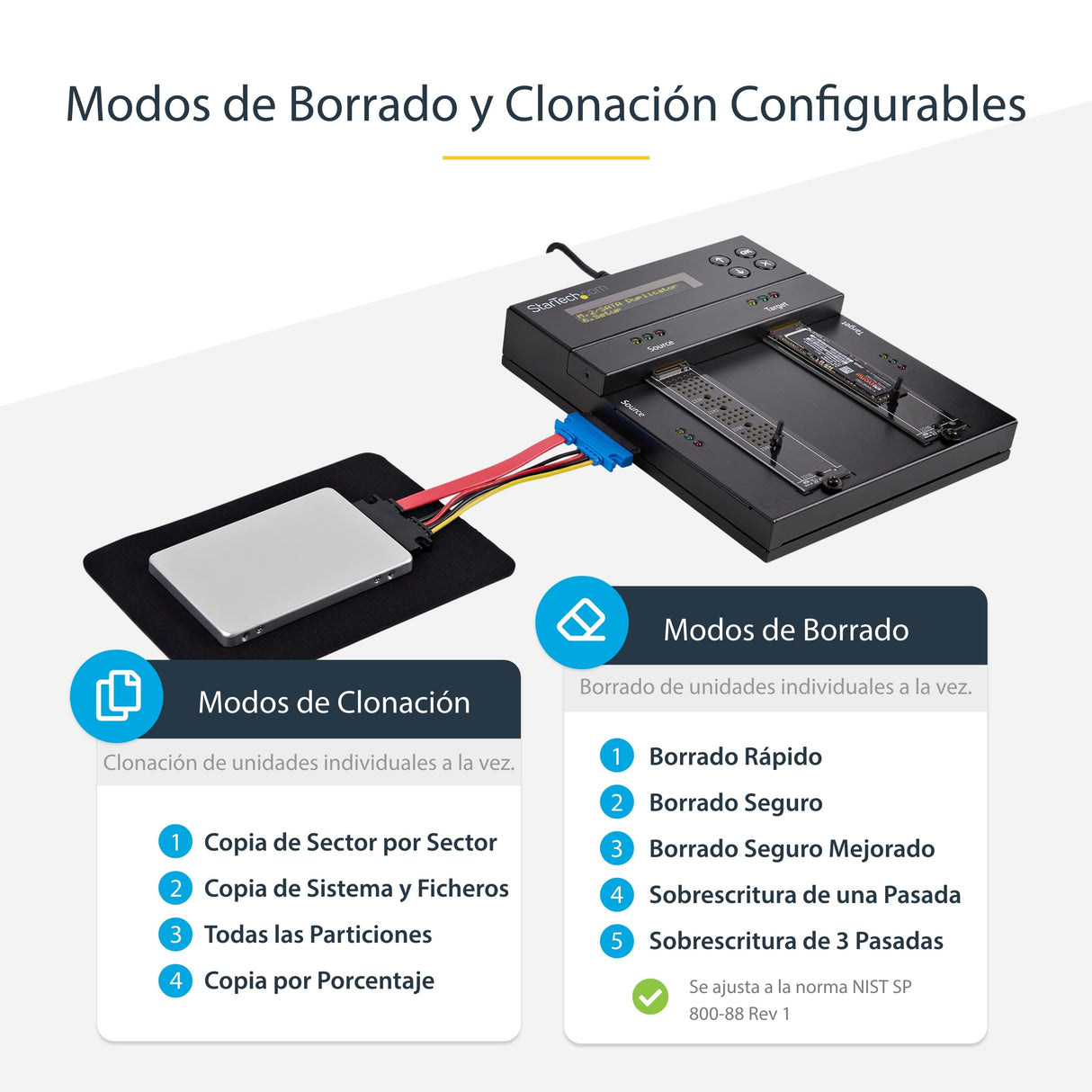 StarTech.com Clonador y Borrador Autónomo de Unidades de Almacenamiento SATA M.2 - NVMe M.2 - Duplicador Copiador Externo Offline de HDD SSD M.2 PCIe AHCI/NVMe, SATA M.2 - 2,5/3,5 TAA (SM2DUPE11)