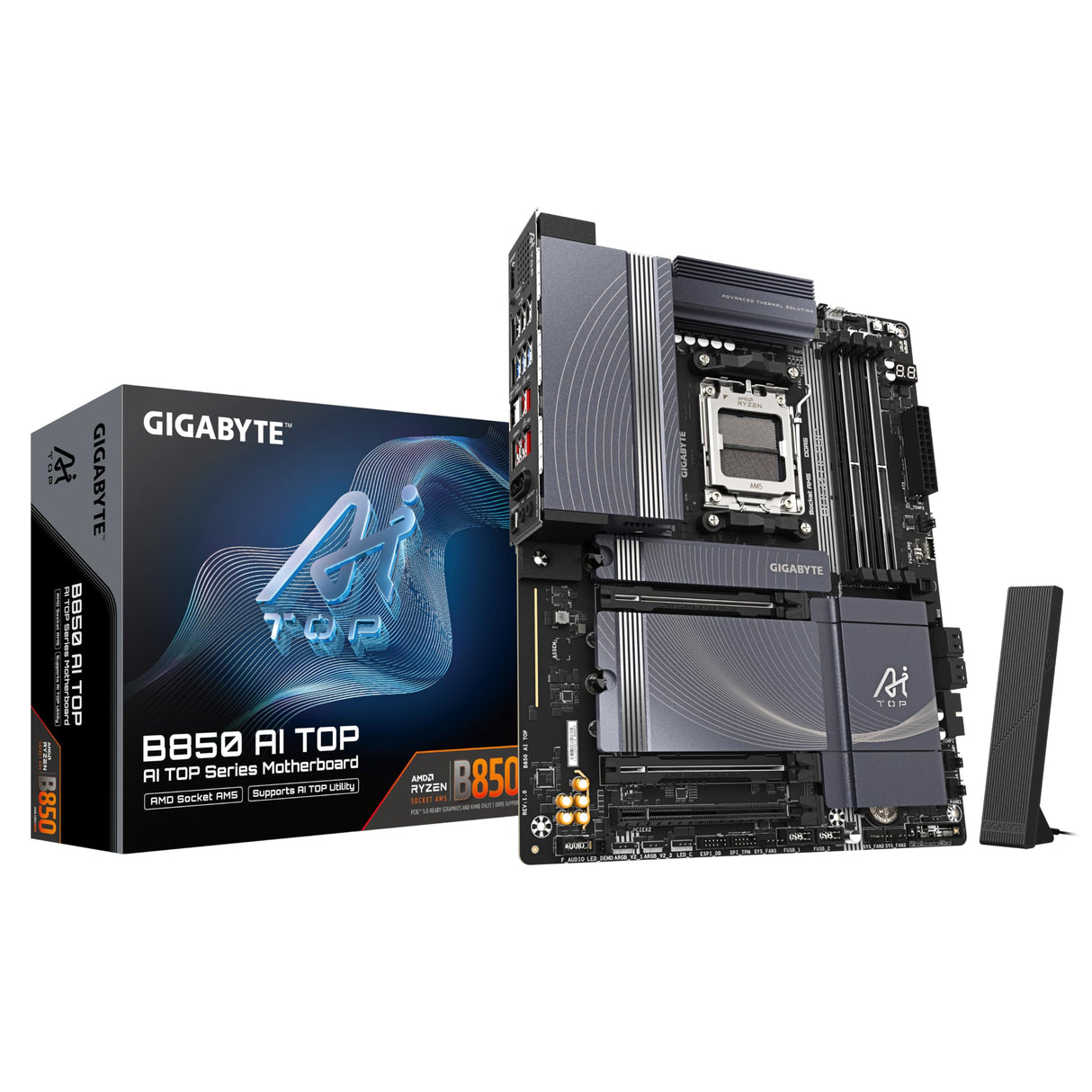 GIGABYTE B850 AI Top Placa Base - Procesadores AMD Ryzen Serie 9000, 16+2+2 Fases VRM Digitales, hasta 8600MHz DDR5 (OC), 2xPCIe 5.0 + 1xPCIe 4.0 M.2, LAN 10GbE, WiFi 7, USB 3.2 Gen 2x2