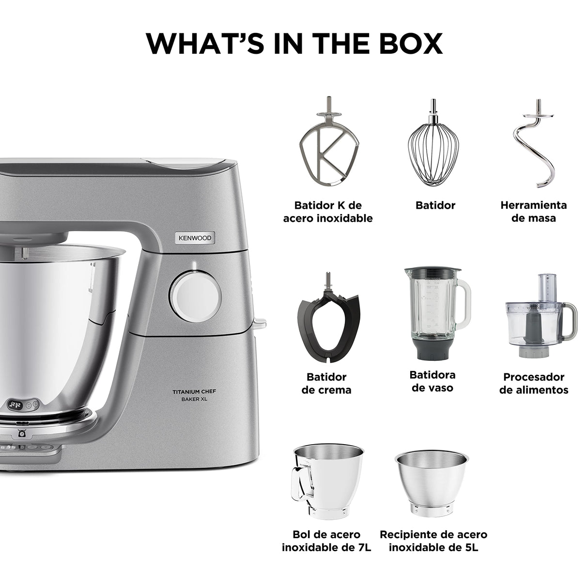 Kenwood Titanium Chef Baker XL Robot de Cocina con Batidor K, Gancho de Amasar, Varillas y Bol de 6,7L, KVL85.424SI, Potencia 1500W, Plata