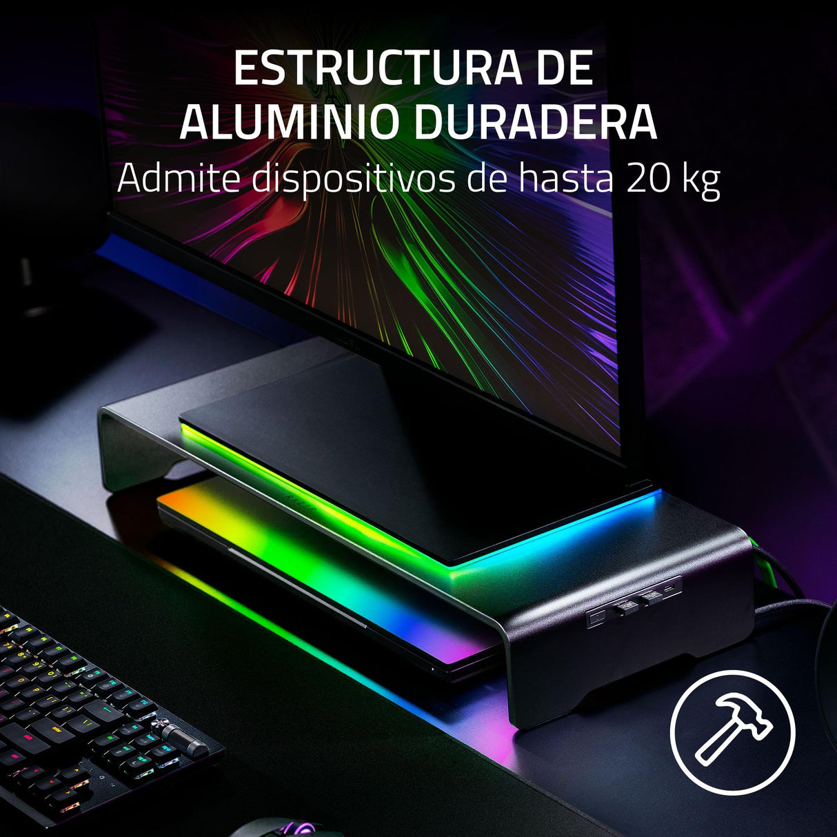 Razer Monitor Stand Chroma - Soporte de Monitor de Aluminio con concentrador USB-C de 4 vías con Chroma RGB (50cm x 21cm x 7,85cm, construcción Robusta, Capacidad de Carga de 20 kg) Negro