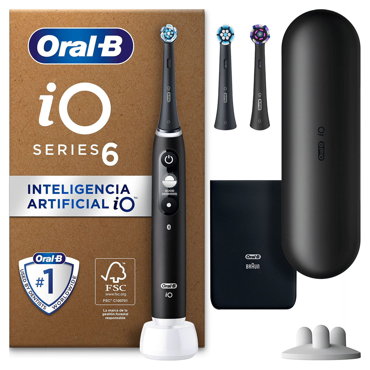 Oral-B iO 6 Cepillo De Dientes Eléctrico Negro con Mango Recargable, 3 Cabezales, 1 Estuche De Viaje, 5 Modos De Cepillado Incluso Blanqueamiento Dental, Sensor De Presión, Diseñado Por Braun