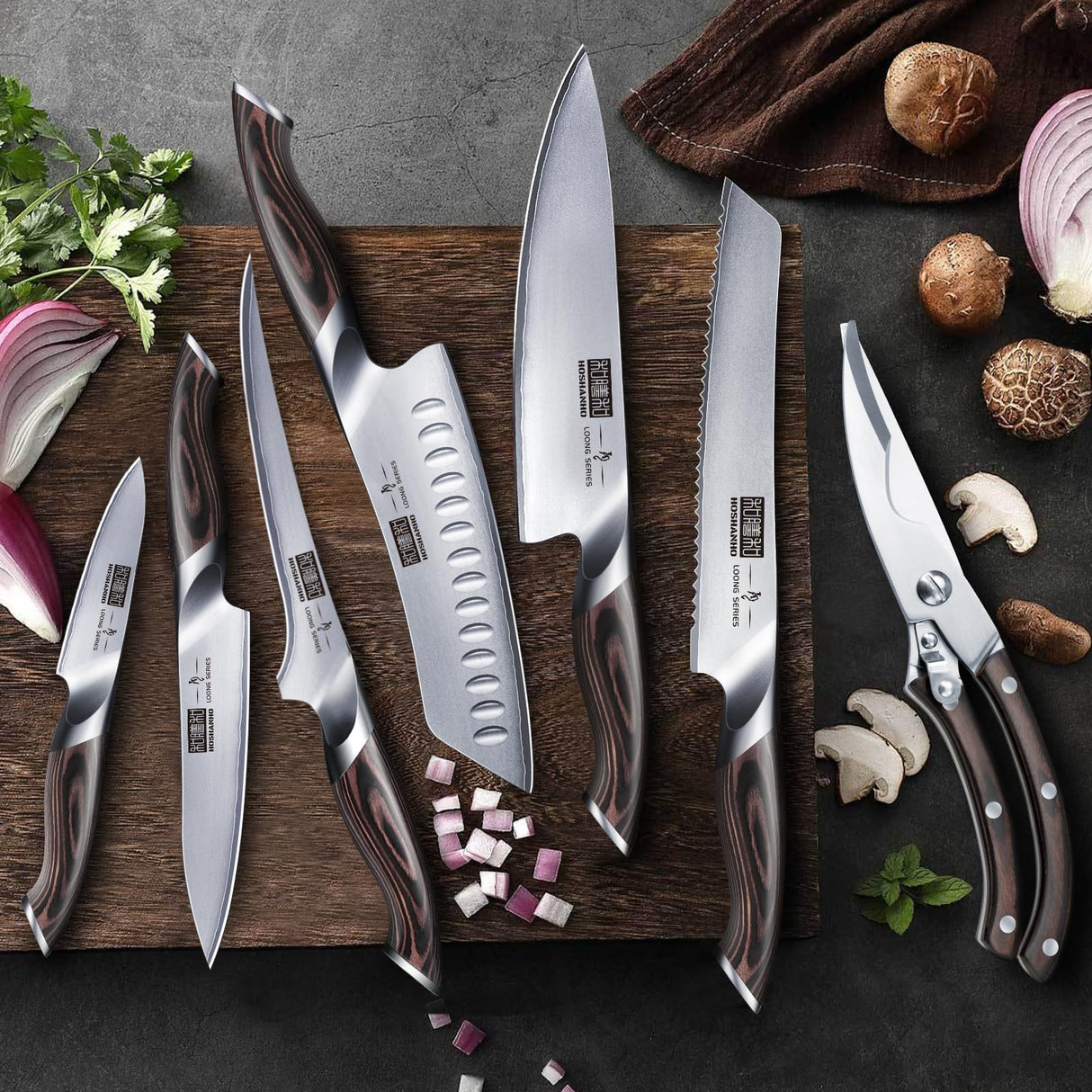 HOSHANHO Juego de Cuchillos de Cocina de 8 Piezas, Juegos de Cuchillos con Bloque de Japoneses Super Steel, Juego de Cuchillos de Chef Profesional Ultra Afilado con Tijeras