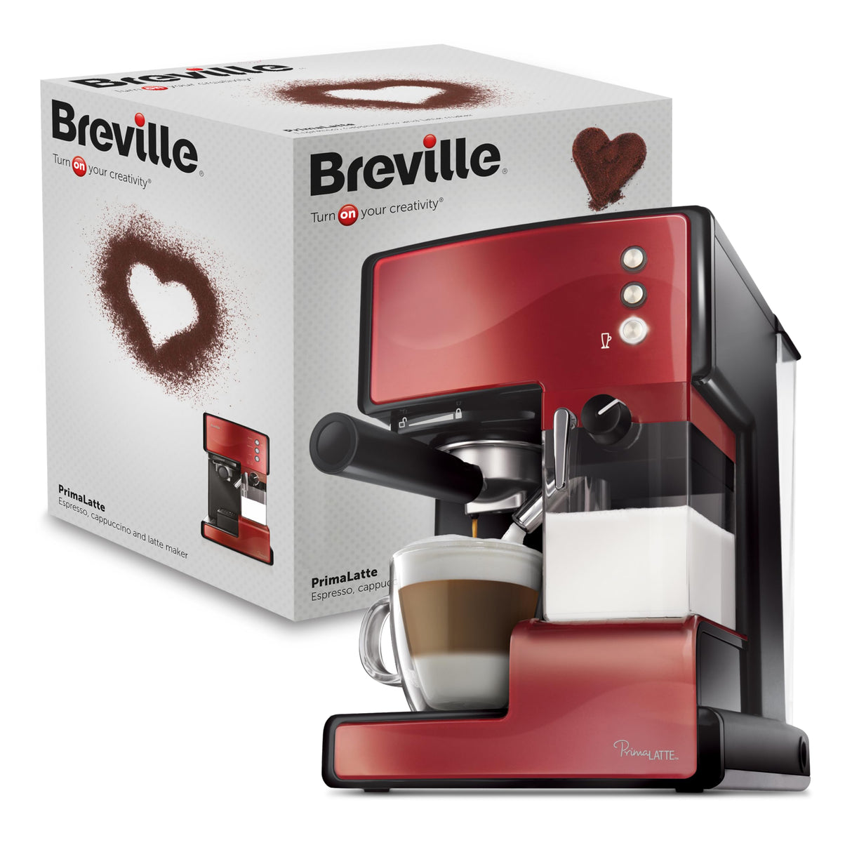 Cafetera para espresso, cappuccino y latte Breville PrimaLatte | Bomba italiana con 15 bar | Adecuado para café molido y monodosis | Depósito para tratamiento de leche integrado | Metálico/Rojo