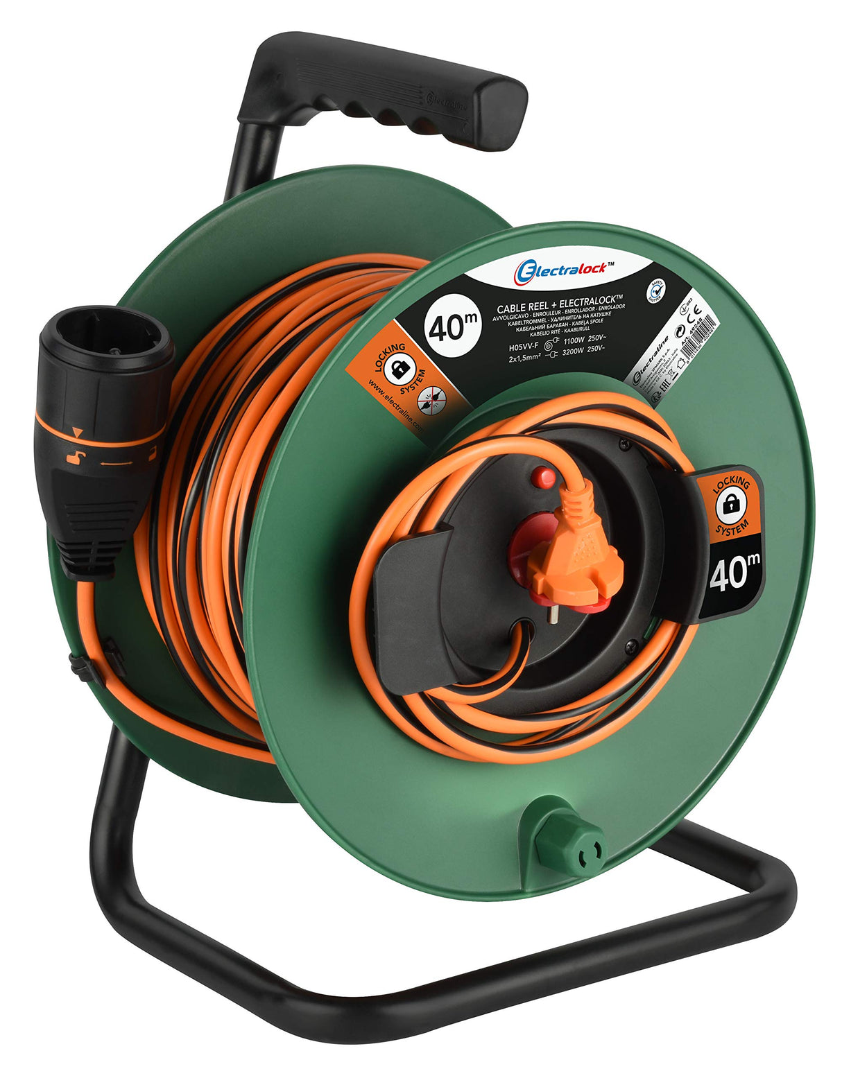 Electraline 49248 Alargador con Enrollacables 40 m, Sistema Antidesconexión Electralock, 2 x 1,5 mm², Negro y Naranja