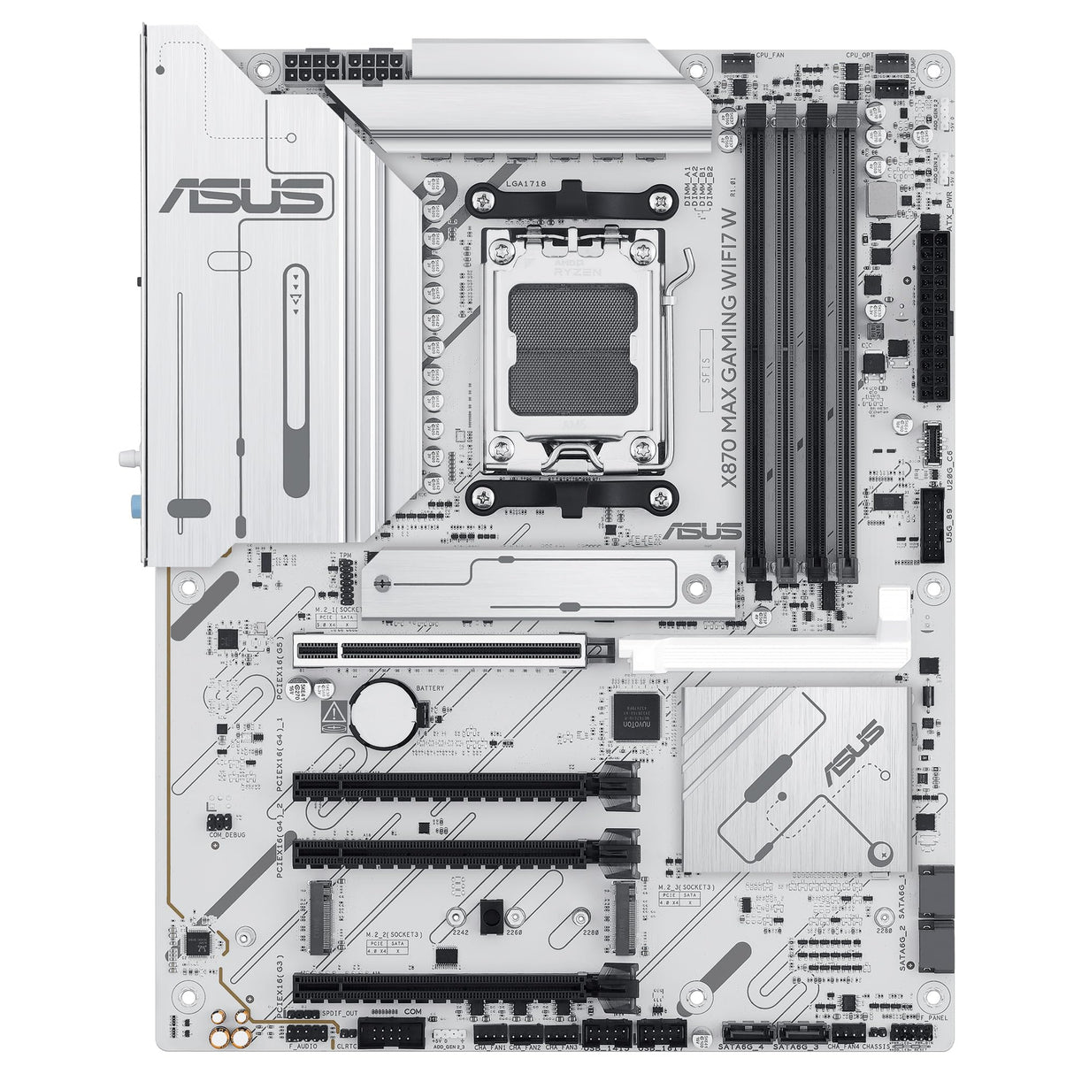 ASUS X870 MAX Gaming WIFI7 - Placa Base AMD X870 ATX, Blanco, 12+2+1 DrMOS, DDR5, PCIe 5.0, Q-Release, M.2, WiFi 7, WiFi Q Antenna, 2.5Gb Ethernet, HDMI, USB4, USB Tipo-C, BIOS Flashback, Aura Sync