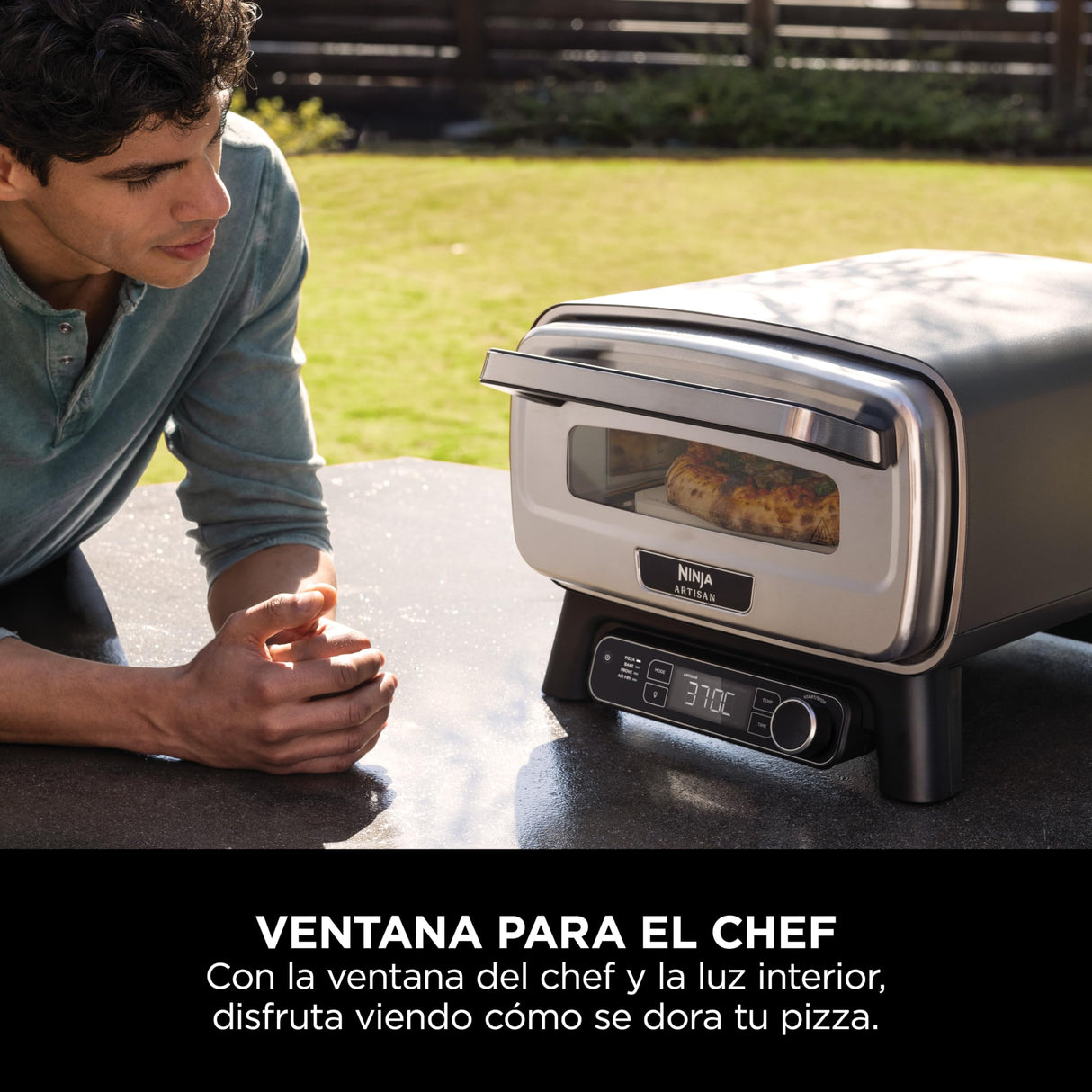Ninja Artisan Horno air fry y pizza de exterior, 4 funciones: Pizza, Freír con aire, Hornear, Fermentar, 5 ajustes de pizza, Piedra de 30 cm, Pala, Bandeja, Cesta para freír con aire, Gris MO201EU